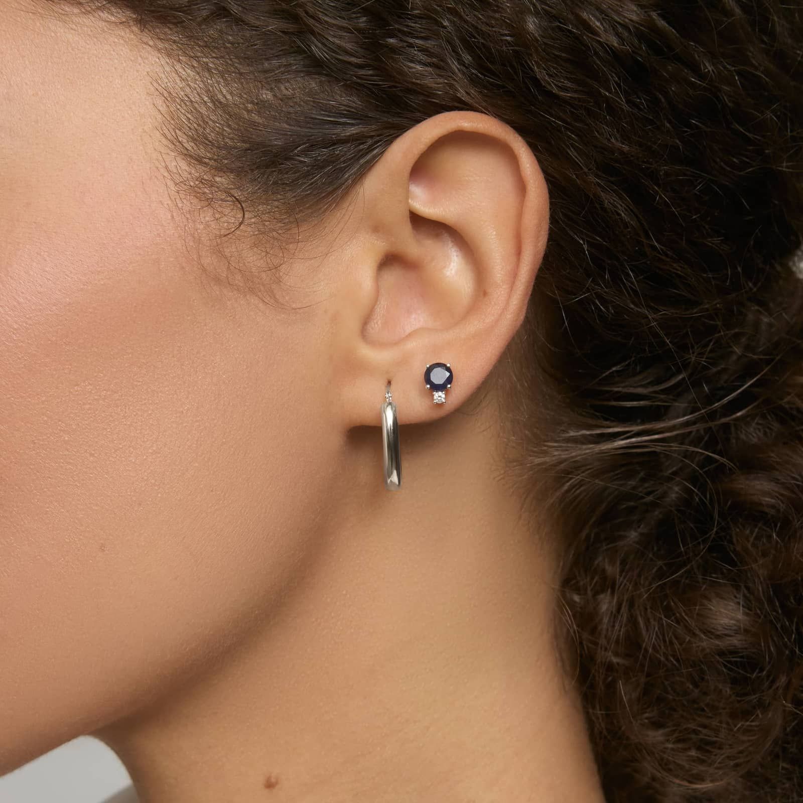 Blue Sapphire Stud Earrings with Diamond Accent in 14K White Gold