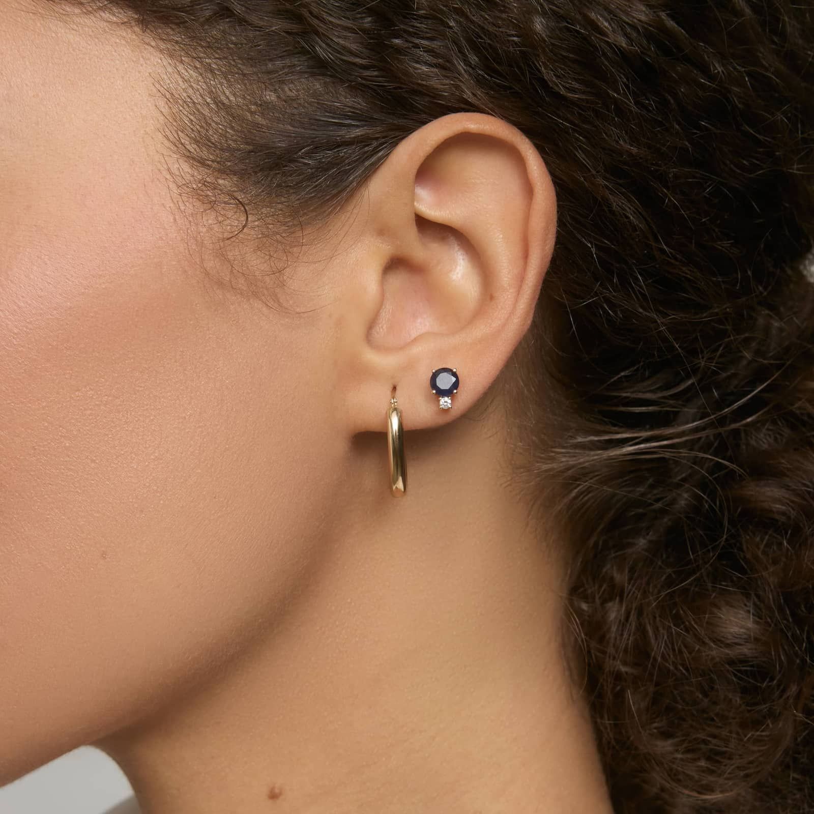 Blue Sapphire Stud Earrings with Diamond Accent in 14K Yellow Gold