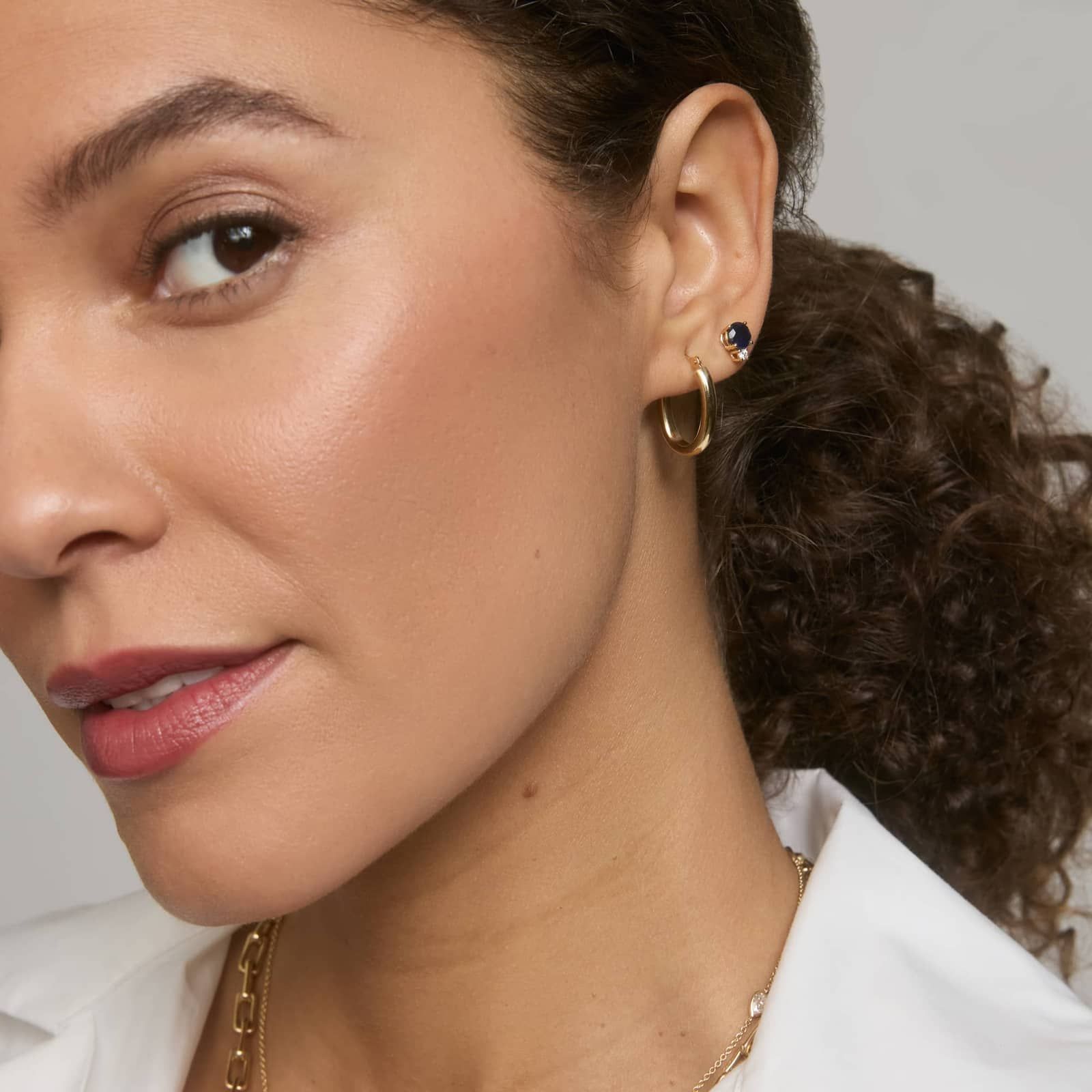 Blue Sapphire Stud Earrings with Diamond Accent in 14K Yellow Gold