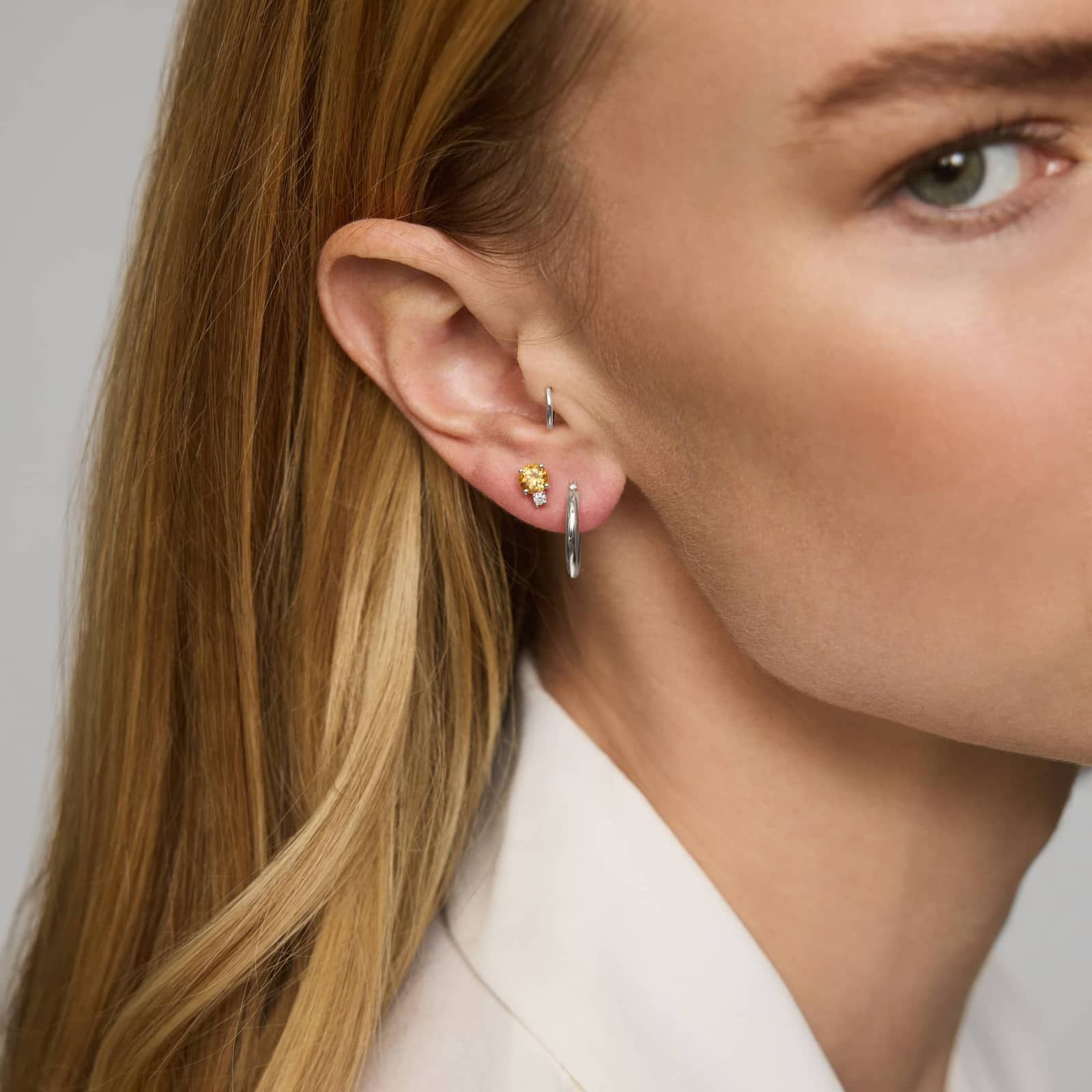 Citrine Stud Earrings with Diamond Accent in 14K White Gold