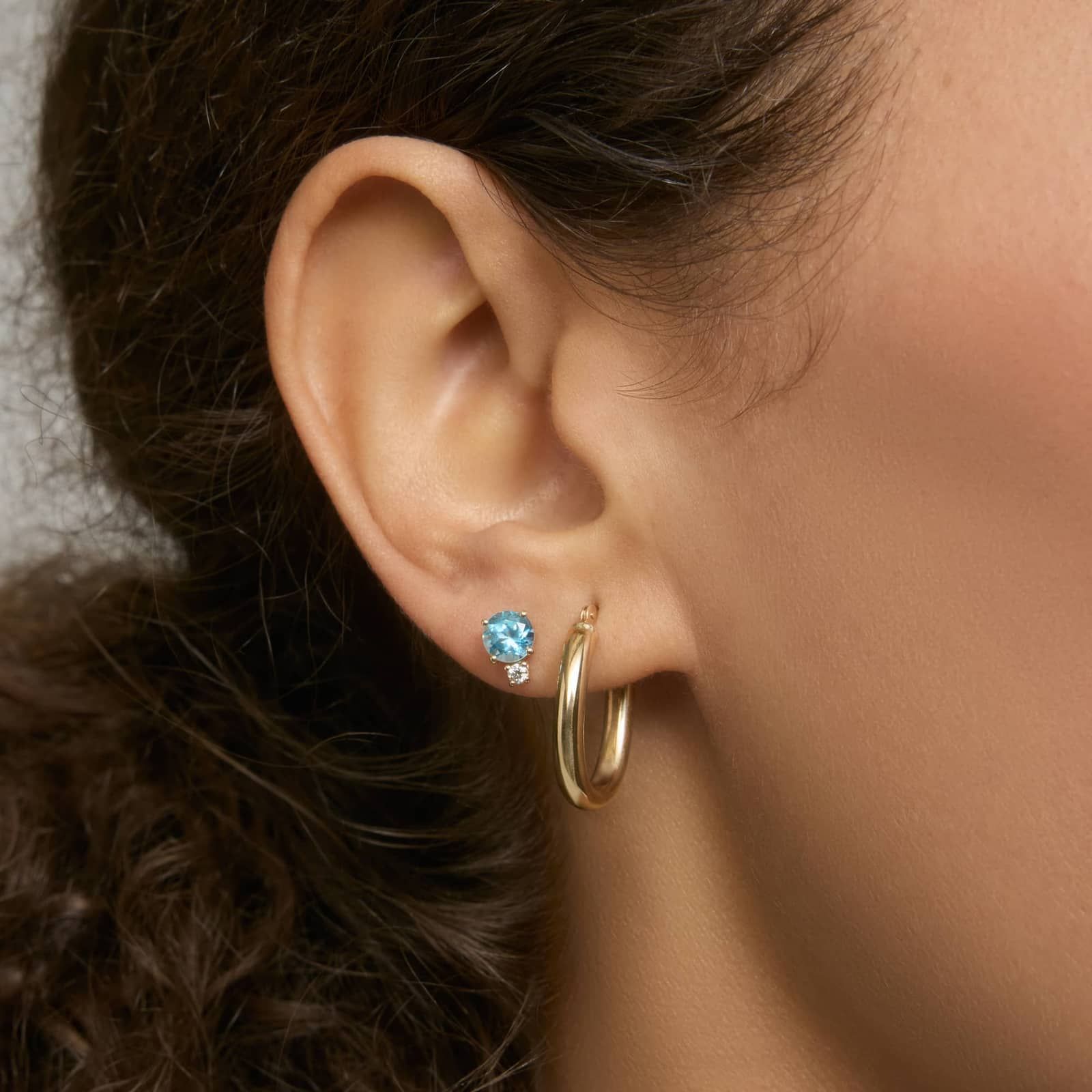 Blue Topaz Stud Earrings with Diamond Accent in 14K Yellow Gold