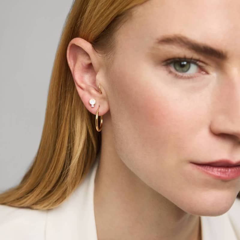 Rainbow Moonstone Stud Earrings with Diamond Accent in 14K Yellow Gold