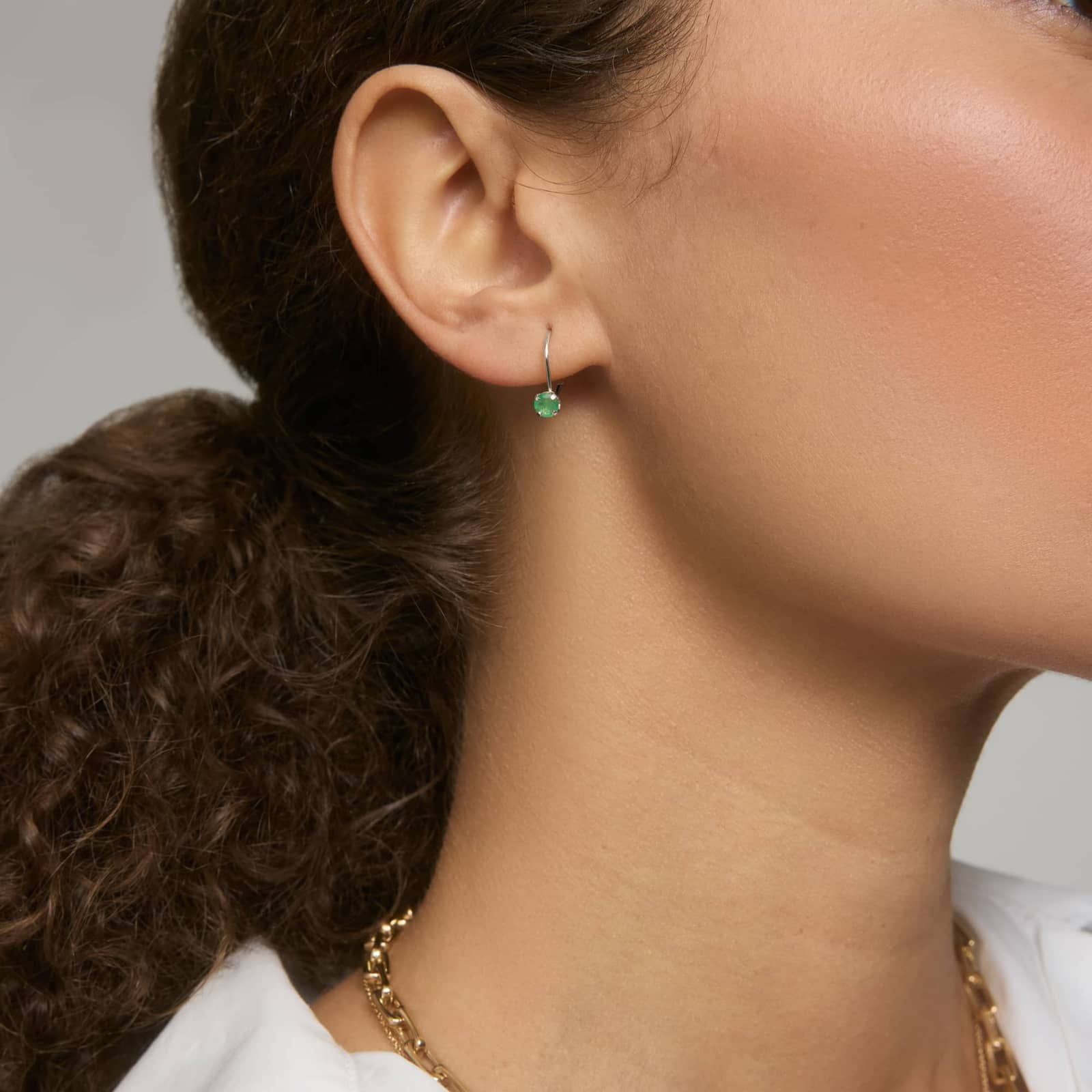 Emerald Leverback Earrings in 14K White Gold
