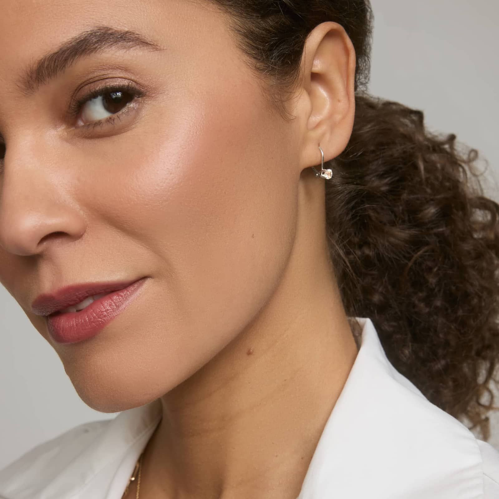 Rainbow Moonstone Leverback Earrings in 14K White Gold