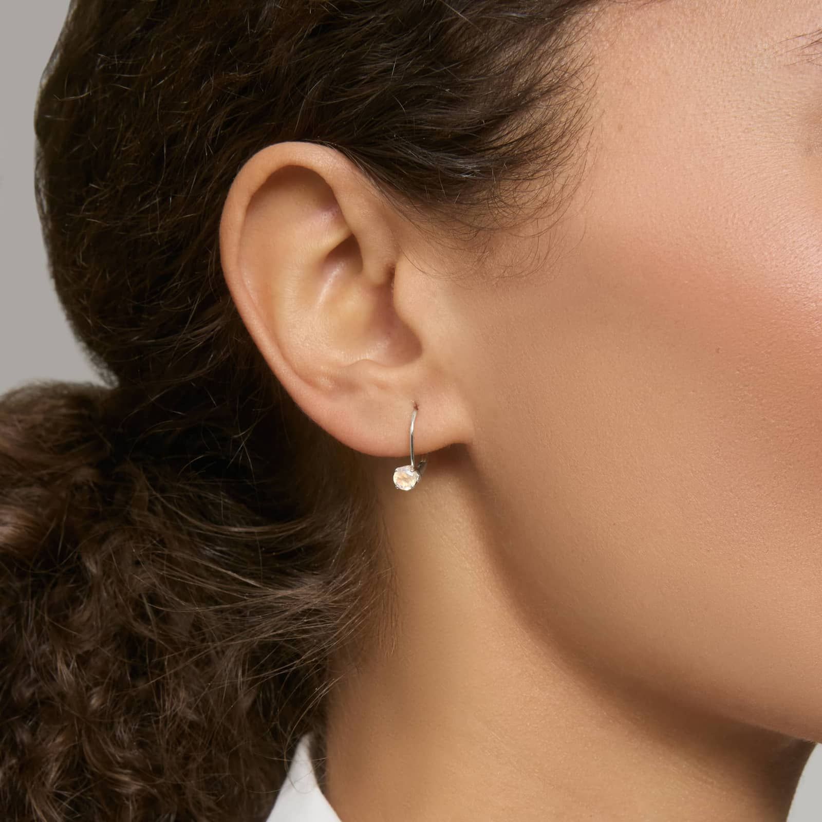 Rainbow Moonstone Leverback Earrings in 14K White Gold