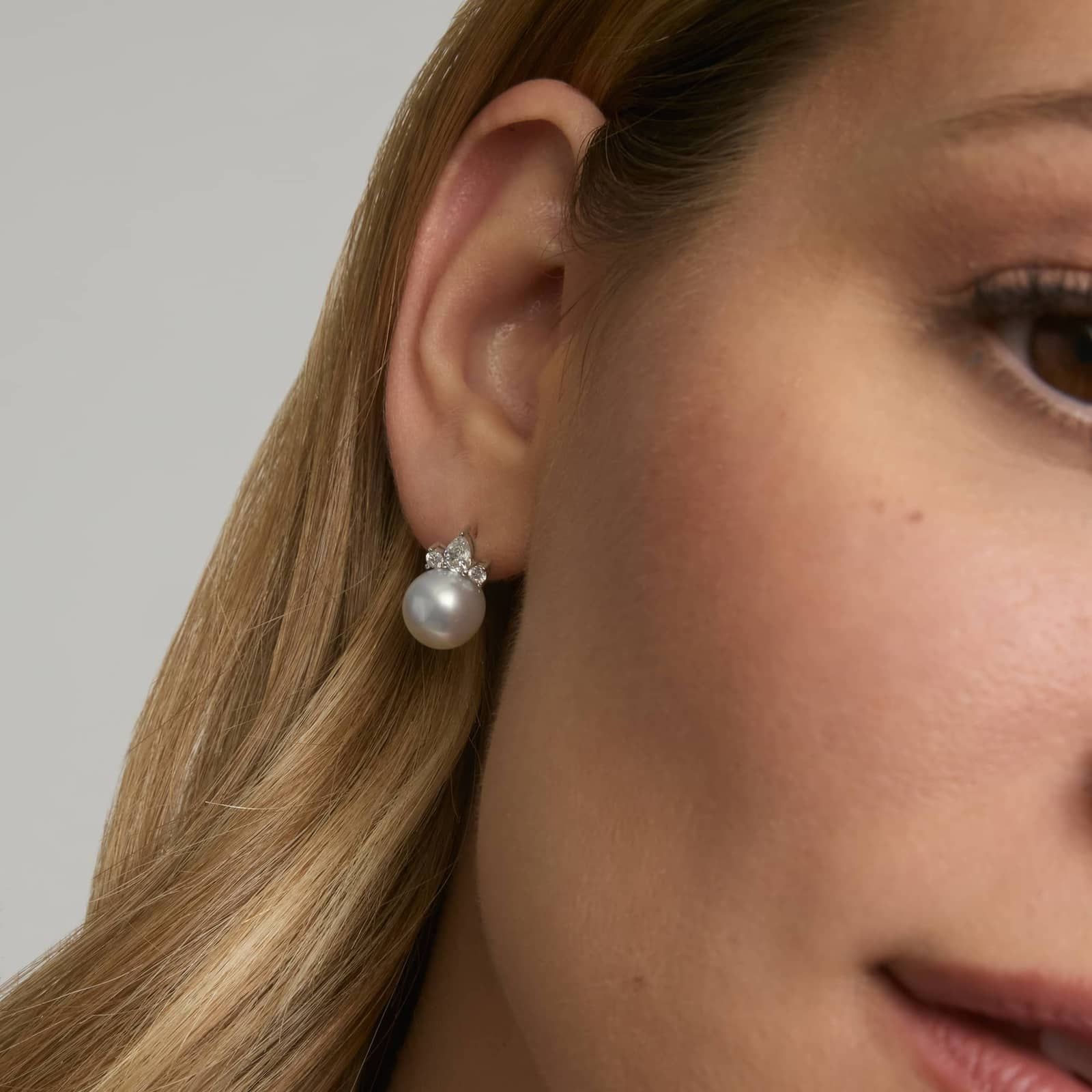 Pearl and Diamond Cluster Stud Earrings with Pear and Round Diamonds in 14K White Gold