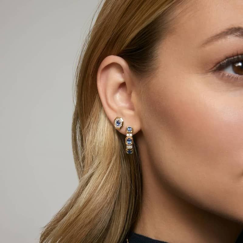 Oval Cut Blue Sapphire and Pavé Diamond Stud Earrings In 14K Yellow Gold