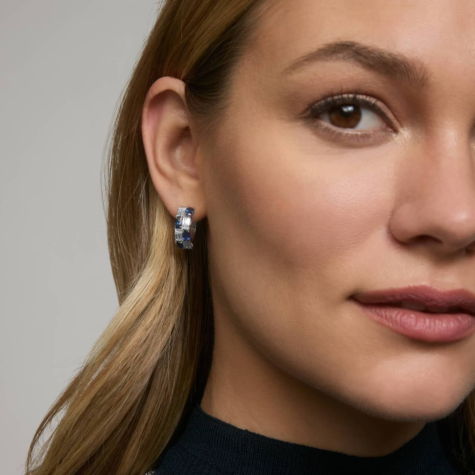 Baguette Cut Blue Sapphire And Diamond Cluster Hoop Earrings In 14K White Gold