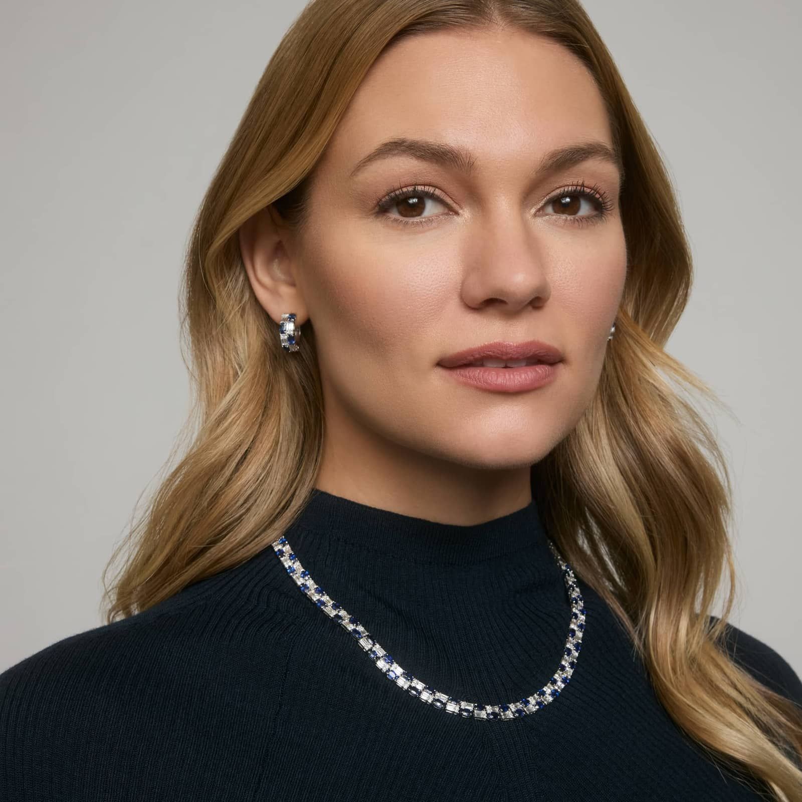 Baguette Cut Blue Sapphire And Diamond Cluster Hoop Earrings In 14K White Gold