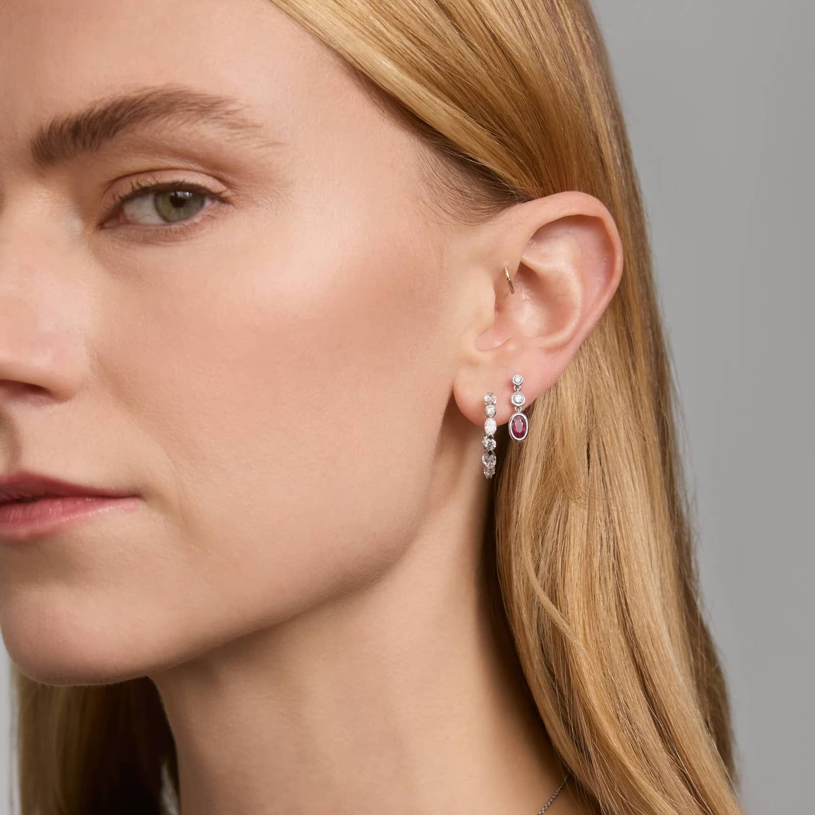 Diamond Hoop Earrings with 2 CTW Oval and Round Cut Lab-Grown Diamonds in 14K White Gold