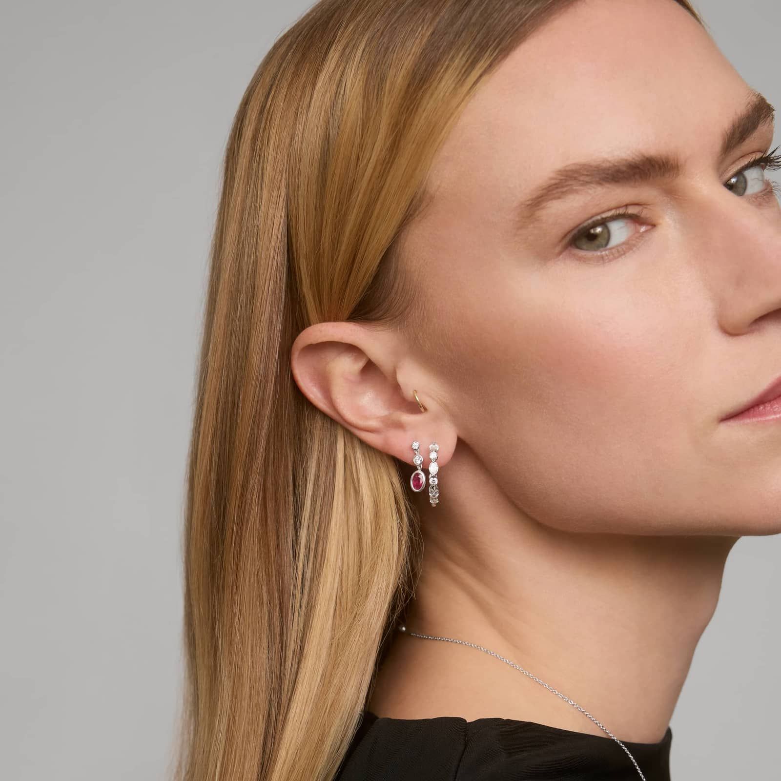 Diamond Hoop Earrings with 2 CTW Oval and Round Cut Lab-Grown Diamonds in 14K White Gold