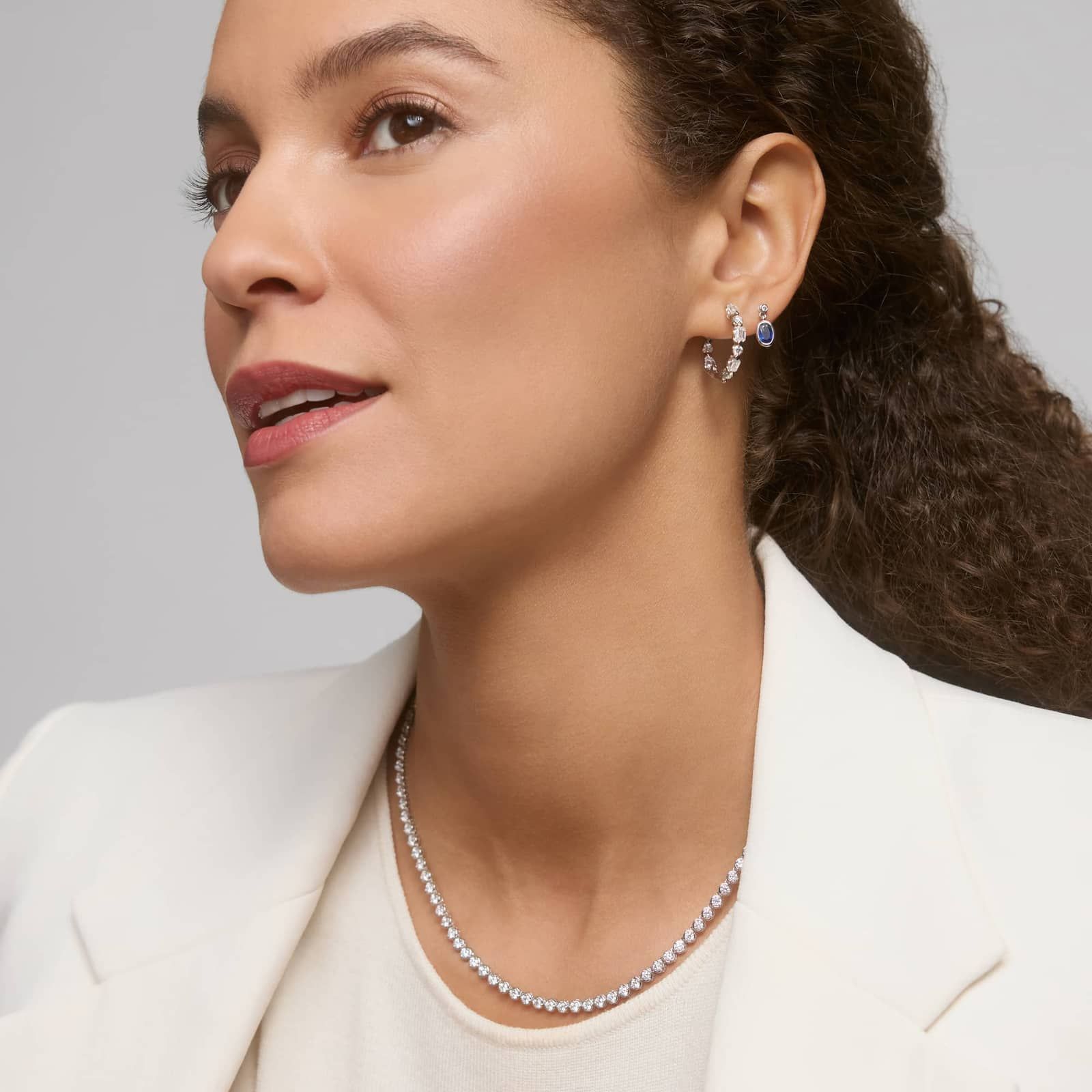 Diamond Hoop Earrings with 2.5 CTW Emerald and Round Cut Lab-Grown Diamonds in 14K White Gold