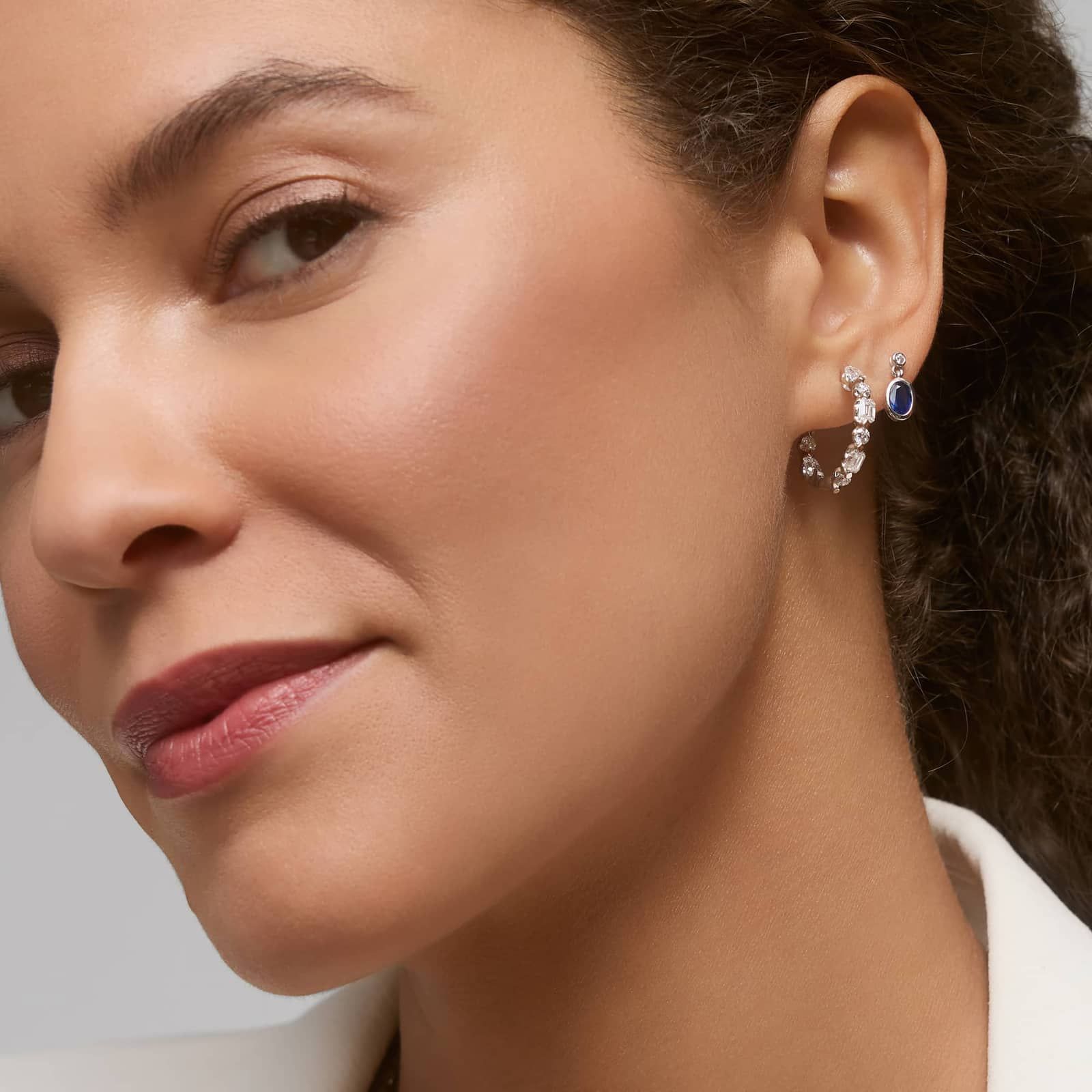 Diamond Hoop Earrings with 2.5 CTW Emerald and Round Cut Lab-Grown Diamonds in 14K White Gold