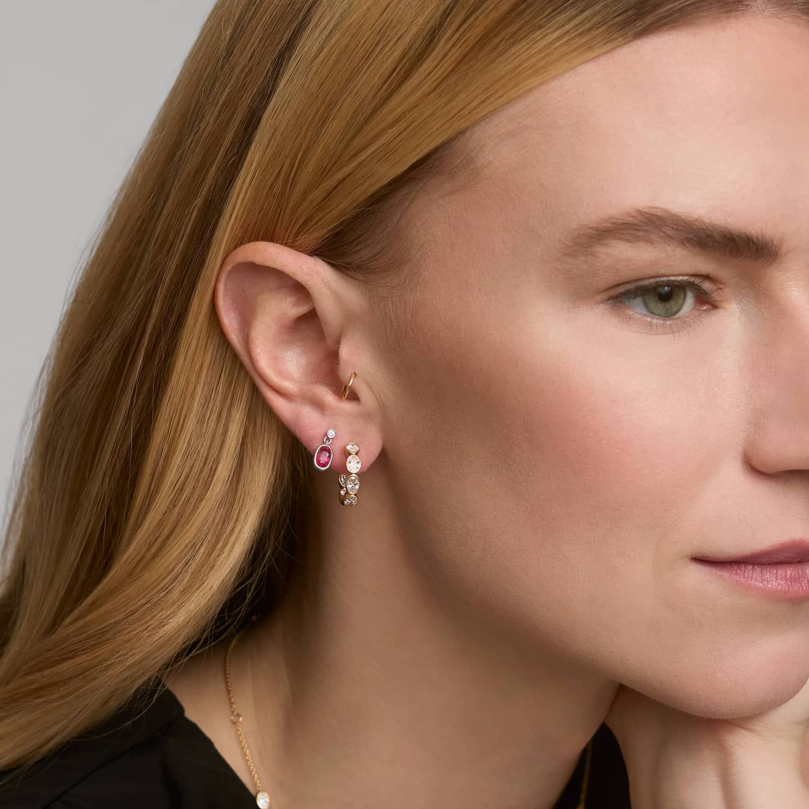 Ruby and Diamond Single Drop Earrings in 14K White Gold Bezel Setting