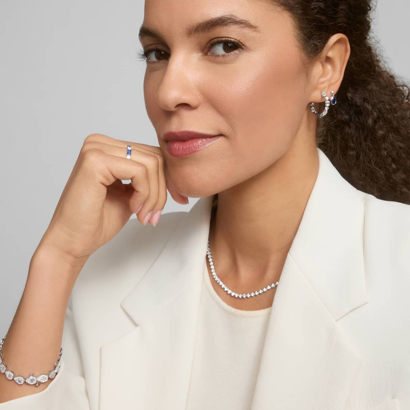 Blue Sapphire and Diamond Single Drop Earrings in 14K White Gold Bezel Setting