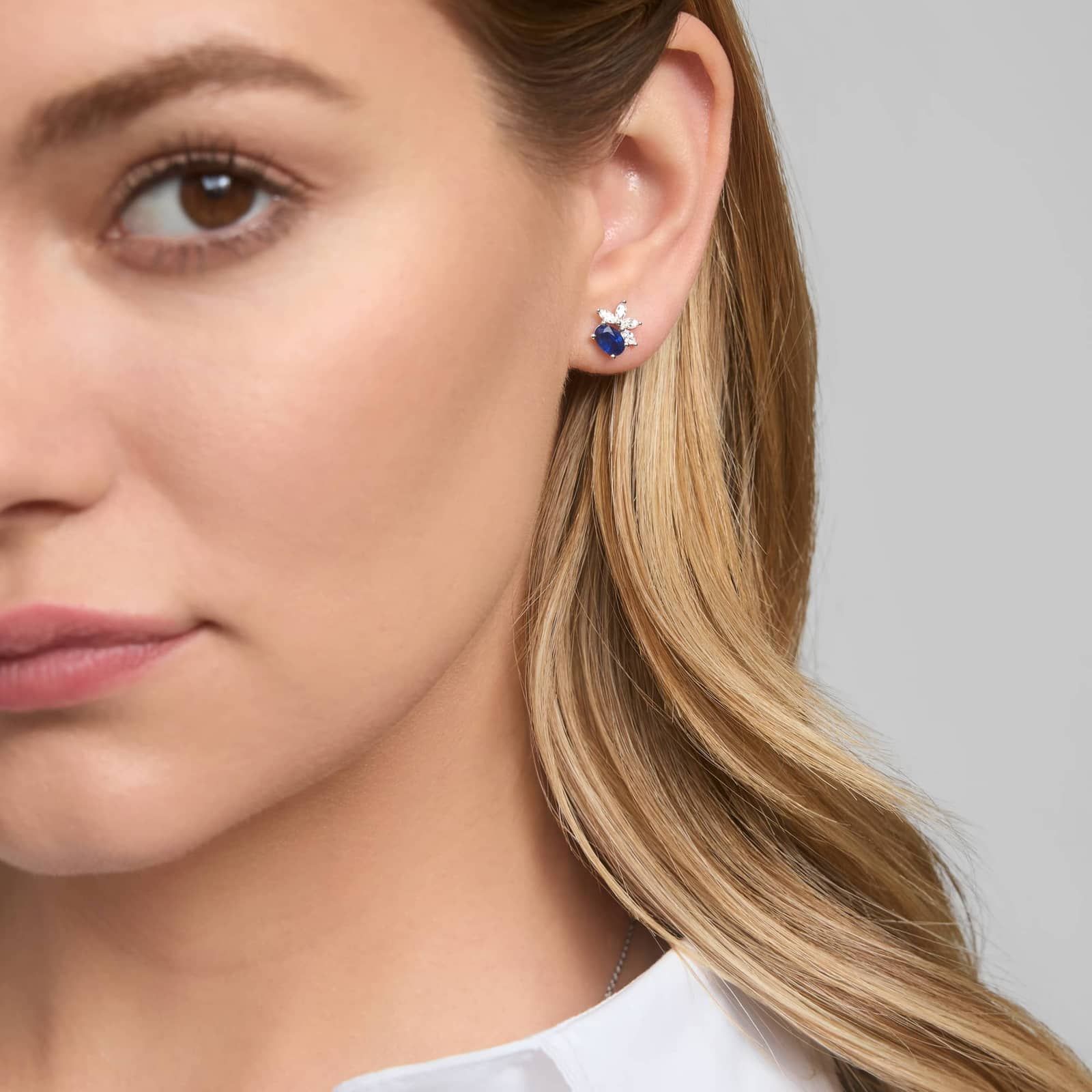 Blue Sapphire and Diamond Stud Earrings in 14K White Gold