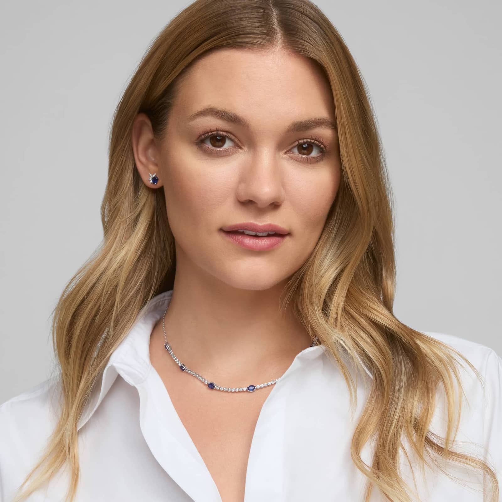 Blue Sapphire and Diamond Stud Earrings in 14K White Gold