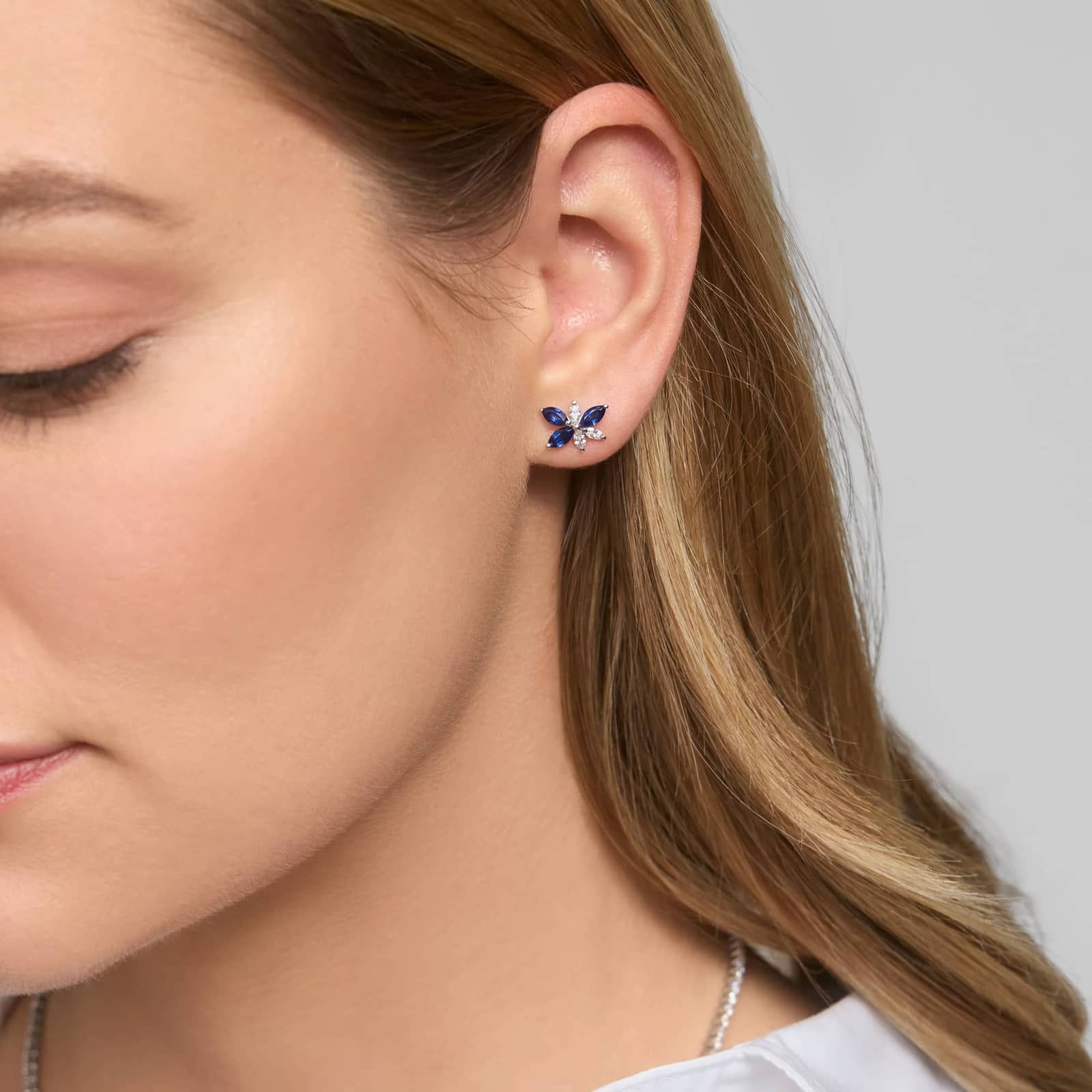 Marquise Cut Blue Sapphire and Diamond Stud Earrings in 14K White Gold