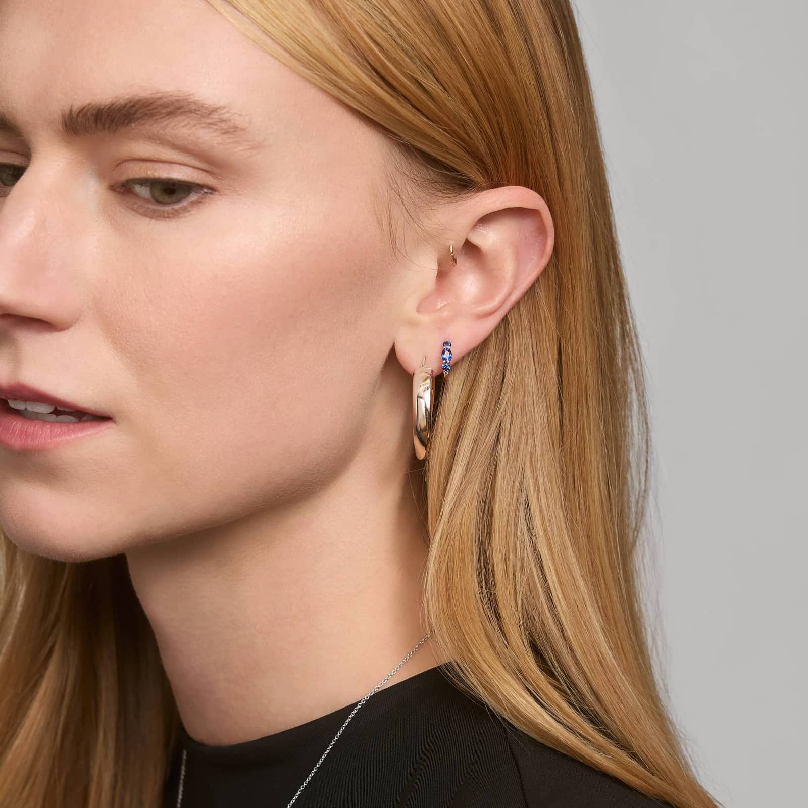 Blue Sapphire and Diamond Hoop Earrings with Round Cut Diamonds in 14K White Gold