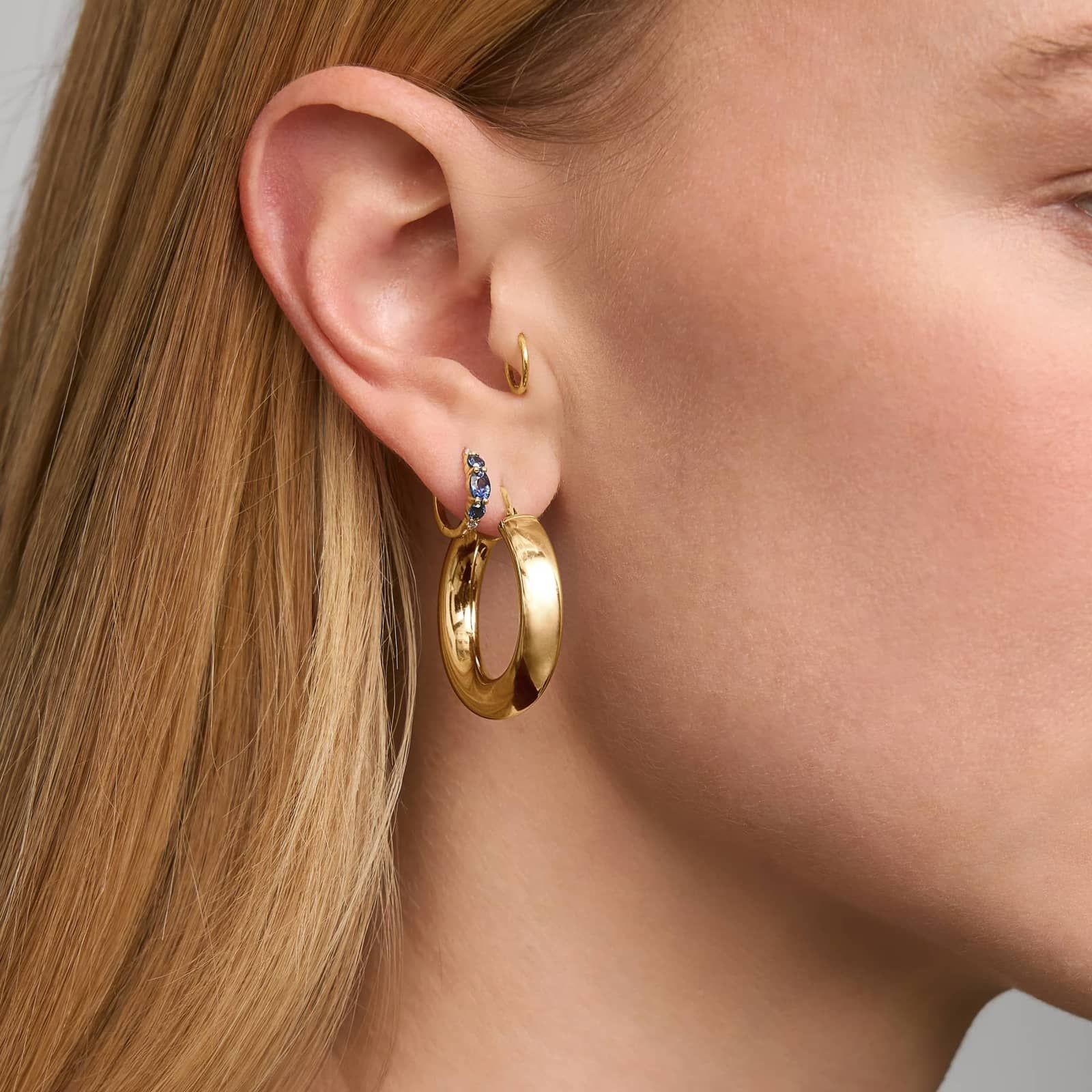 Blue Sapphire and Diamond Hoop Earrings with Round Cut Diamonds in 14K Yellow Gold