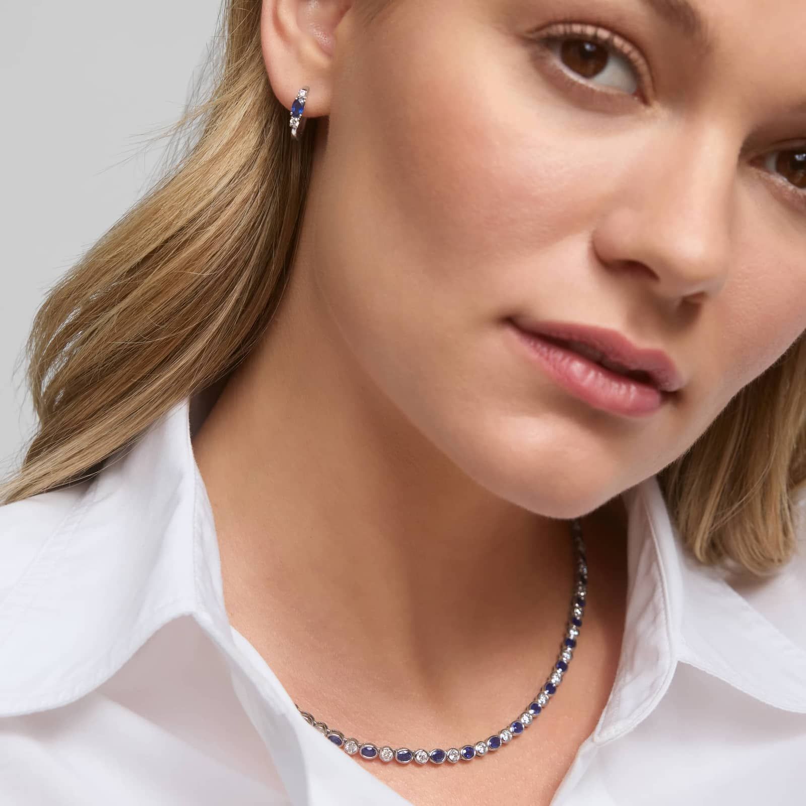 Oval Blue Sapphire and Diamond Hoop Earrings in 14K White Gold