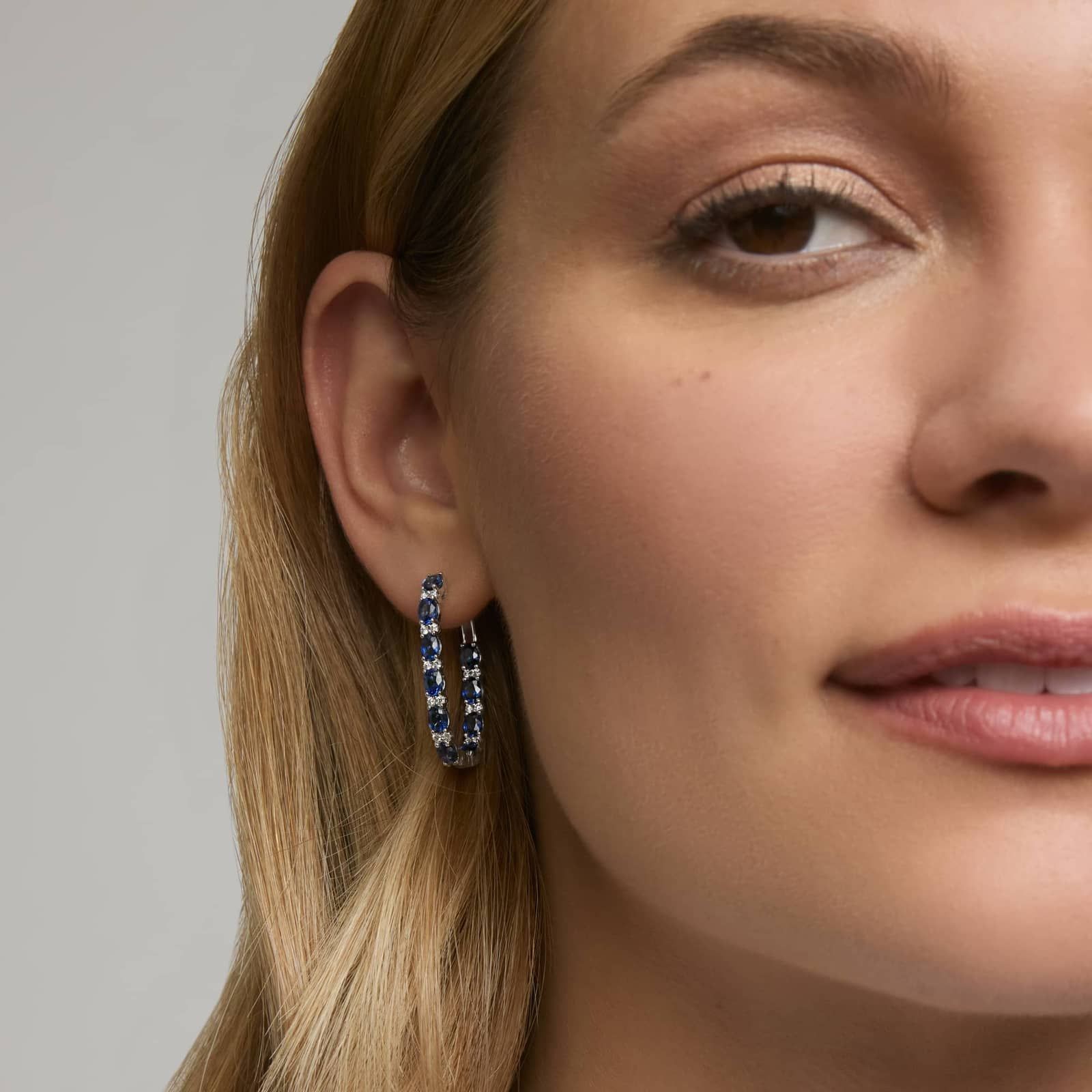 Alternating Diamond and Blue Sapphire Earrings in 14K White Gold