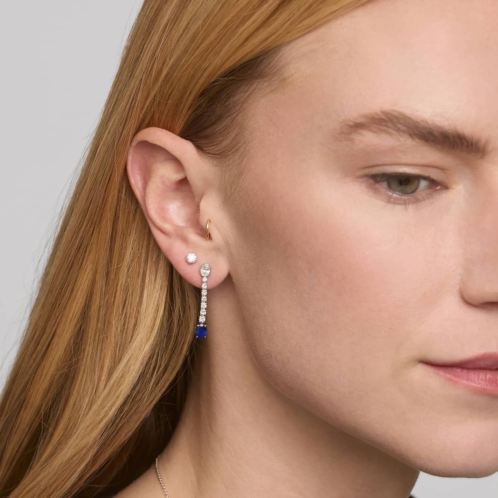 Oval Cut Blue Sapphire Drop Earrings with 1 CTW Oval and Round Cut Lab-Grown Diamonds in 14K White Gold