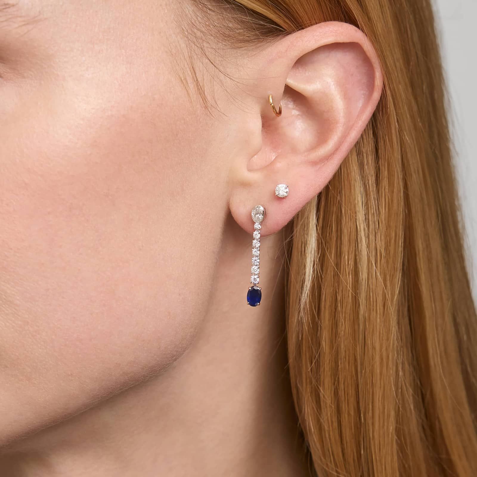 Oval Cut Blue Sapphire Drop Earrings with 1 CTW Oval and Round Cut Lab-Grown Diamonds in 14K White Gold
