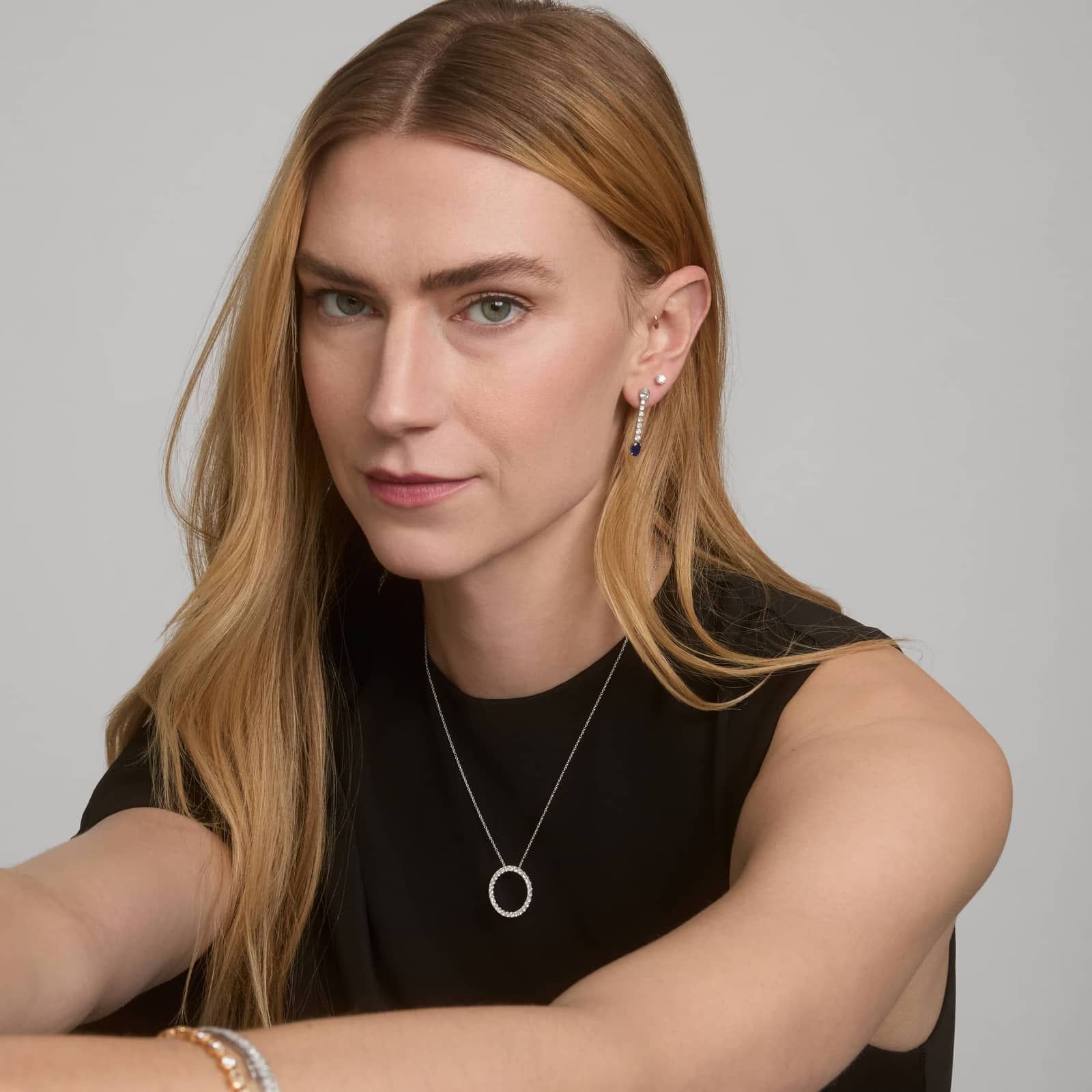 Oval Cut Blue Sapphire Drop Earrings with 1 CTW Oval and Round Cut Lab-Grown Diamonds in 14K White Gold