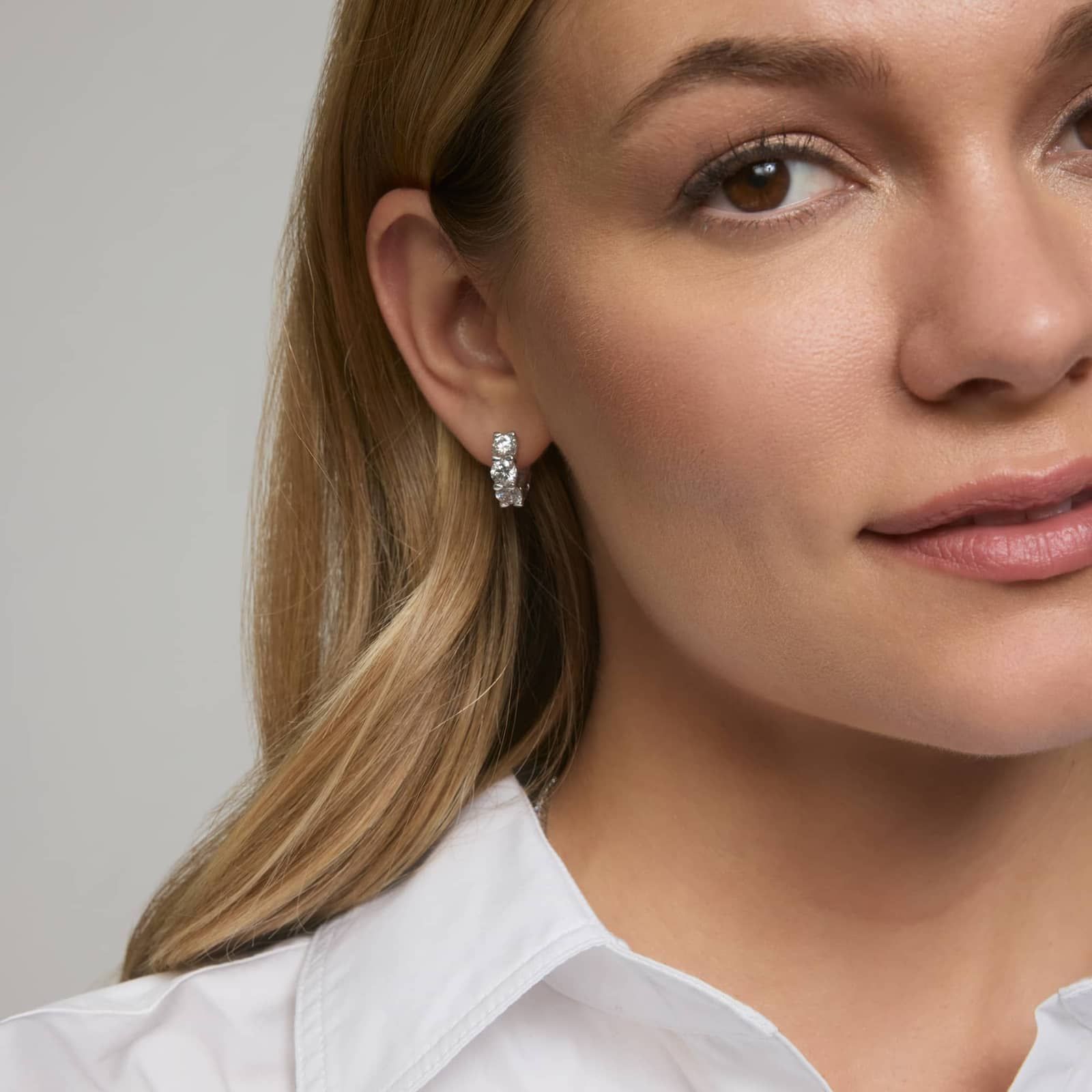 Diamond Huggie Earrings with 3 CTW Round Cut Lab-Grown Diamonds in 14K White Gold