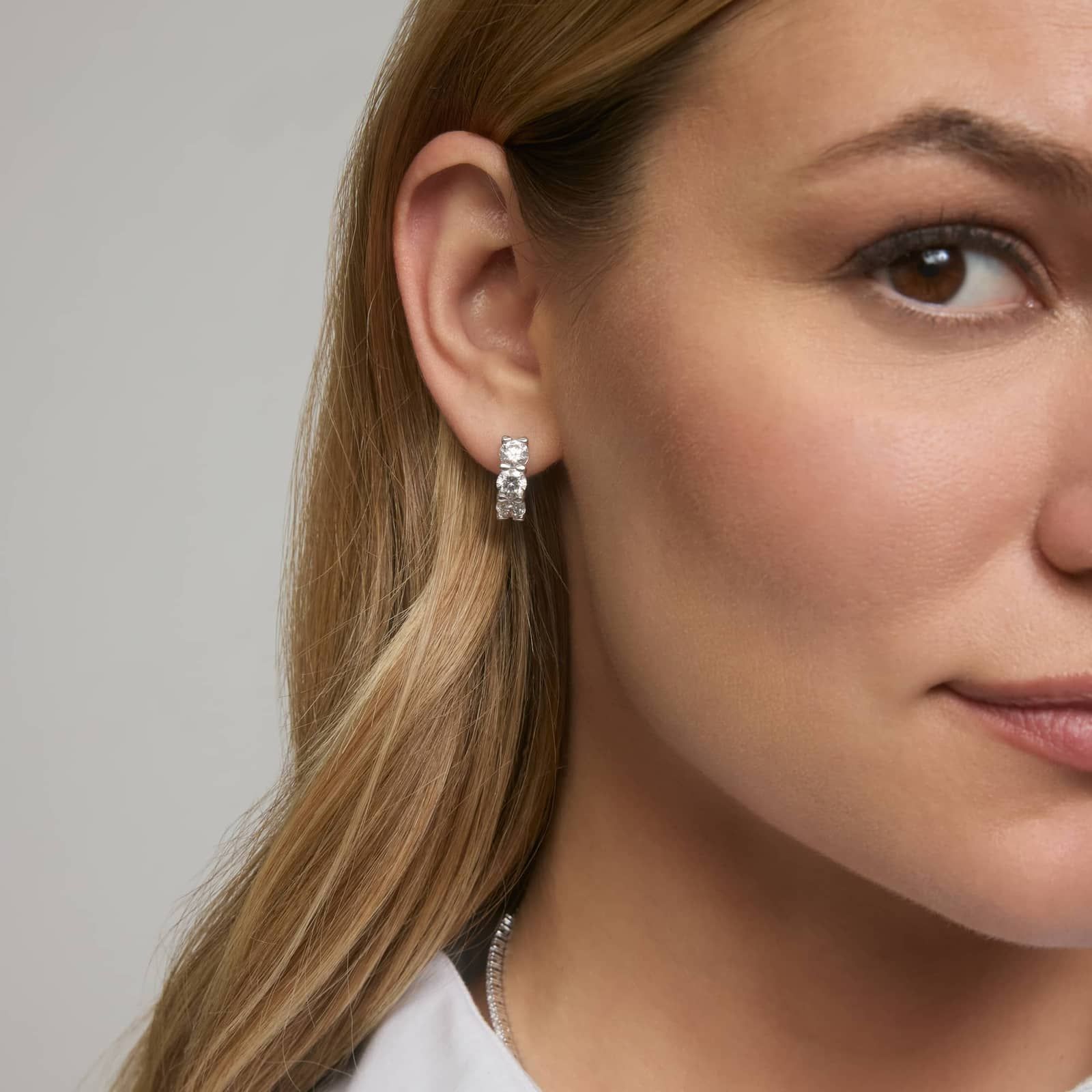 Diamond Huggie Earrings with 3 CTW Round Cut Lab-Grown Diamonds in 14K White Gold