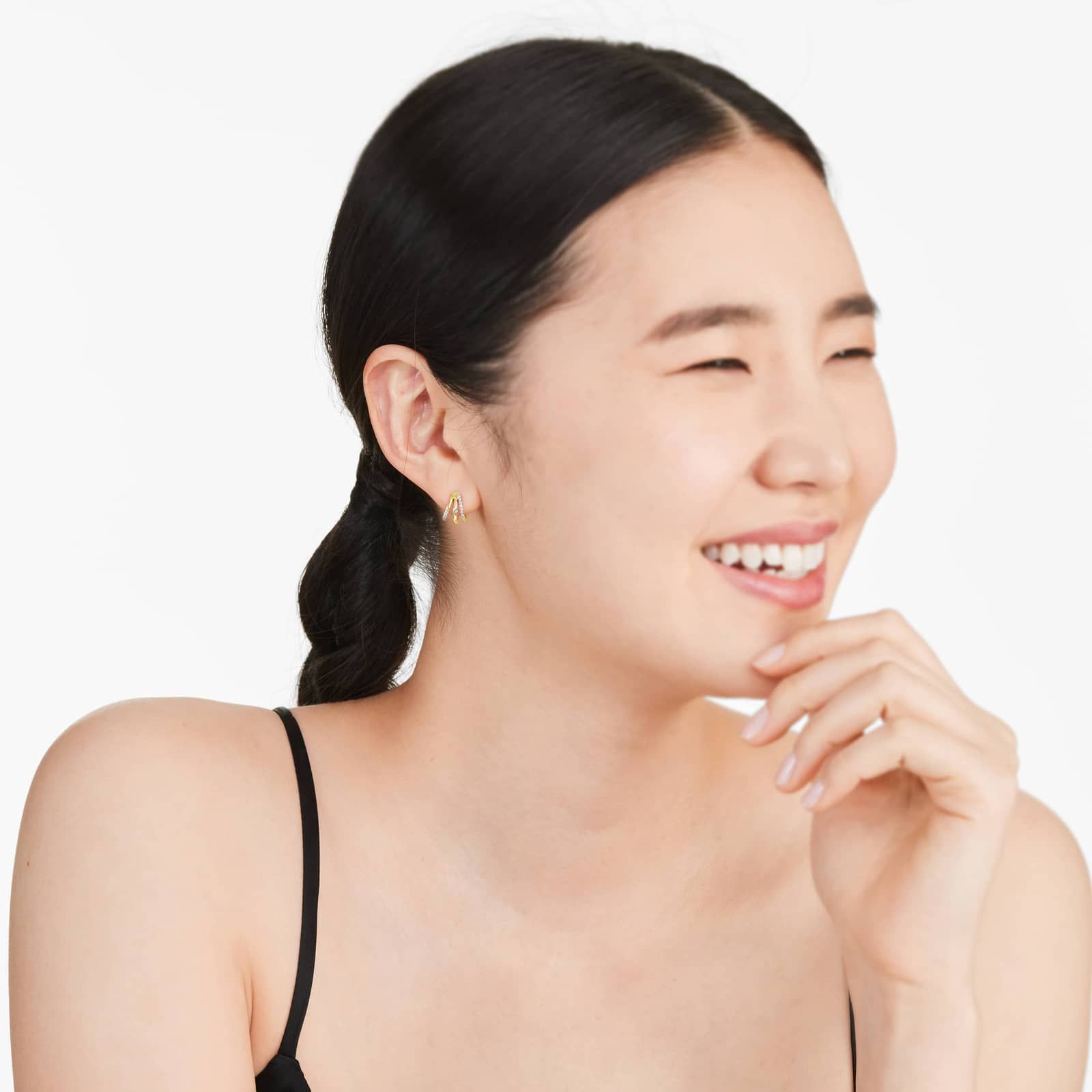 Triple Row Diamond Huggie Earrings In 14K Yellow Gold By Brevani