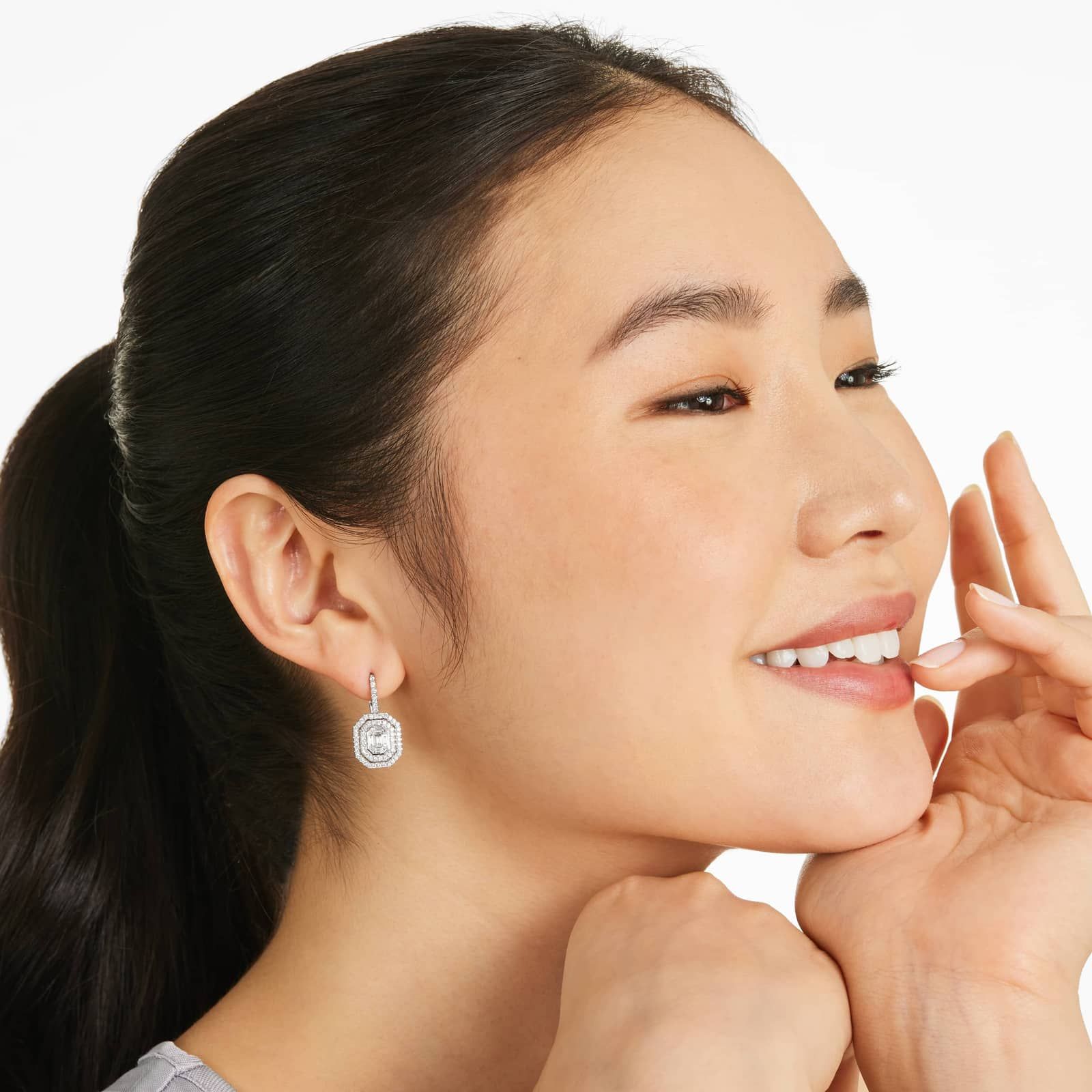 Grand Composite Diamond Leverback Earrings In 14K White Gold