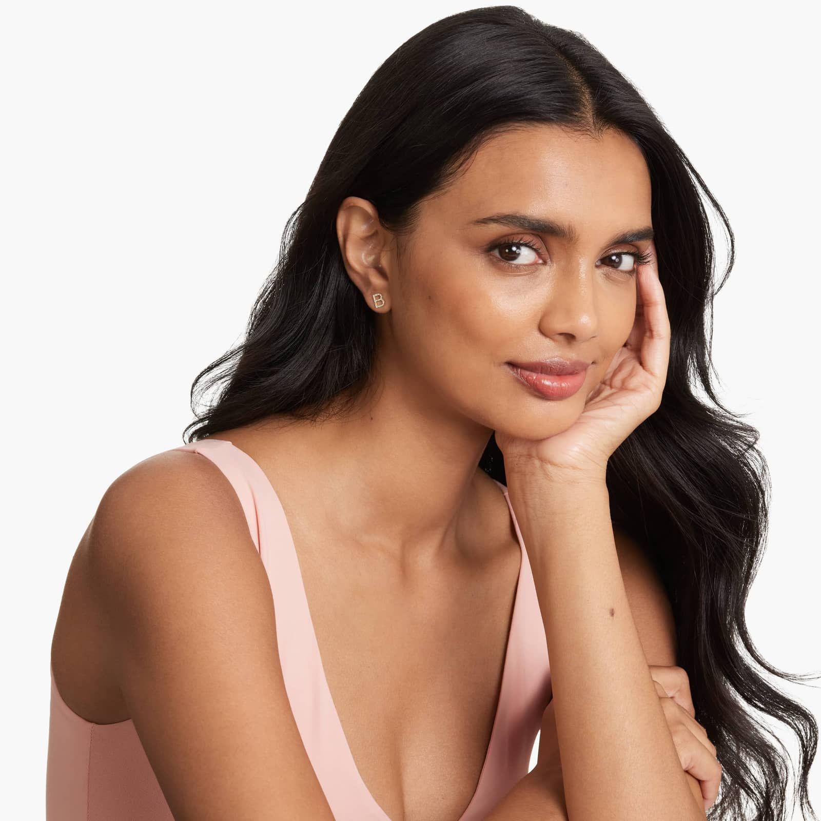 B Initial Pavé Diamond Stud Earring In 14K Yellow Gold