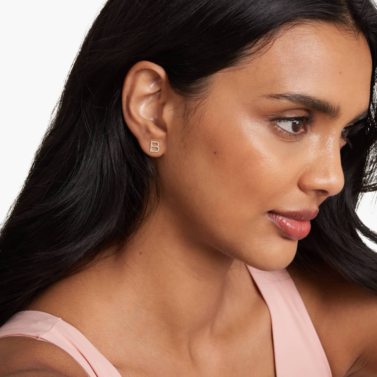 B Initial Pavé Diamond Stud Earring In 14K Yellow Gold