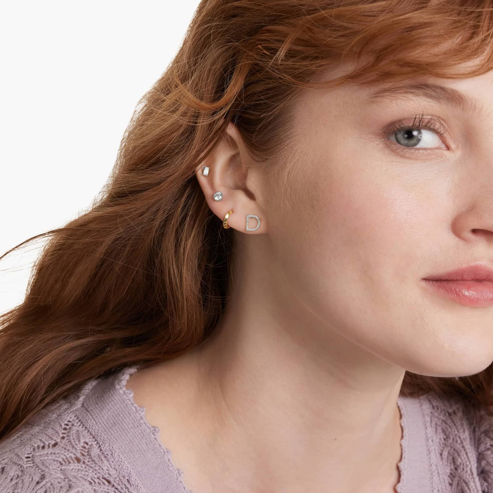 D Initial Pavé Diamond Stud Earring In 14K White Gold