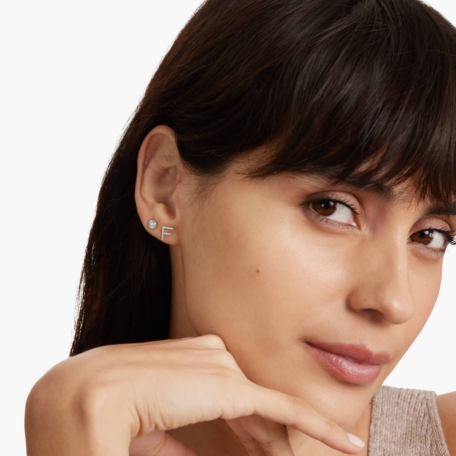 F Initial Pavé Diamond Stud Earring In 14K White Gold