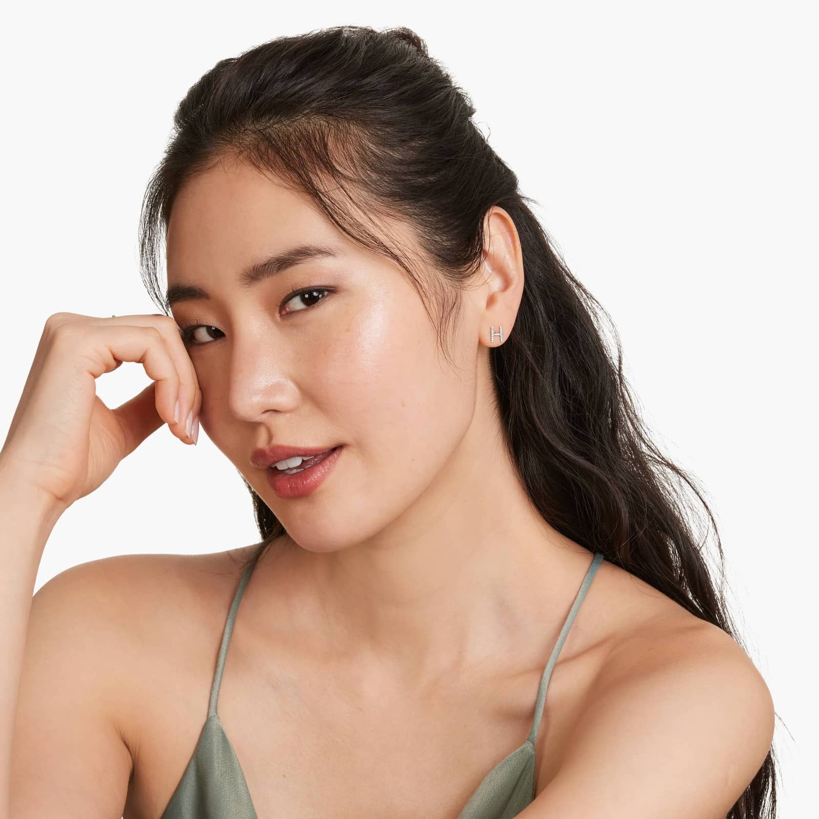 H Initial Pavé Diamond Stud Earring In 14K White Gold