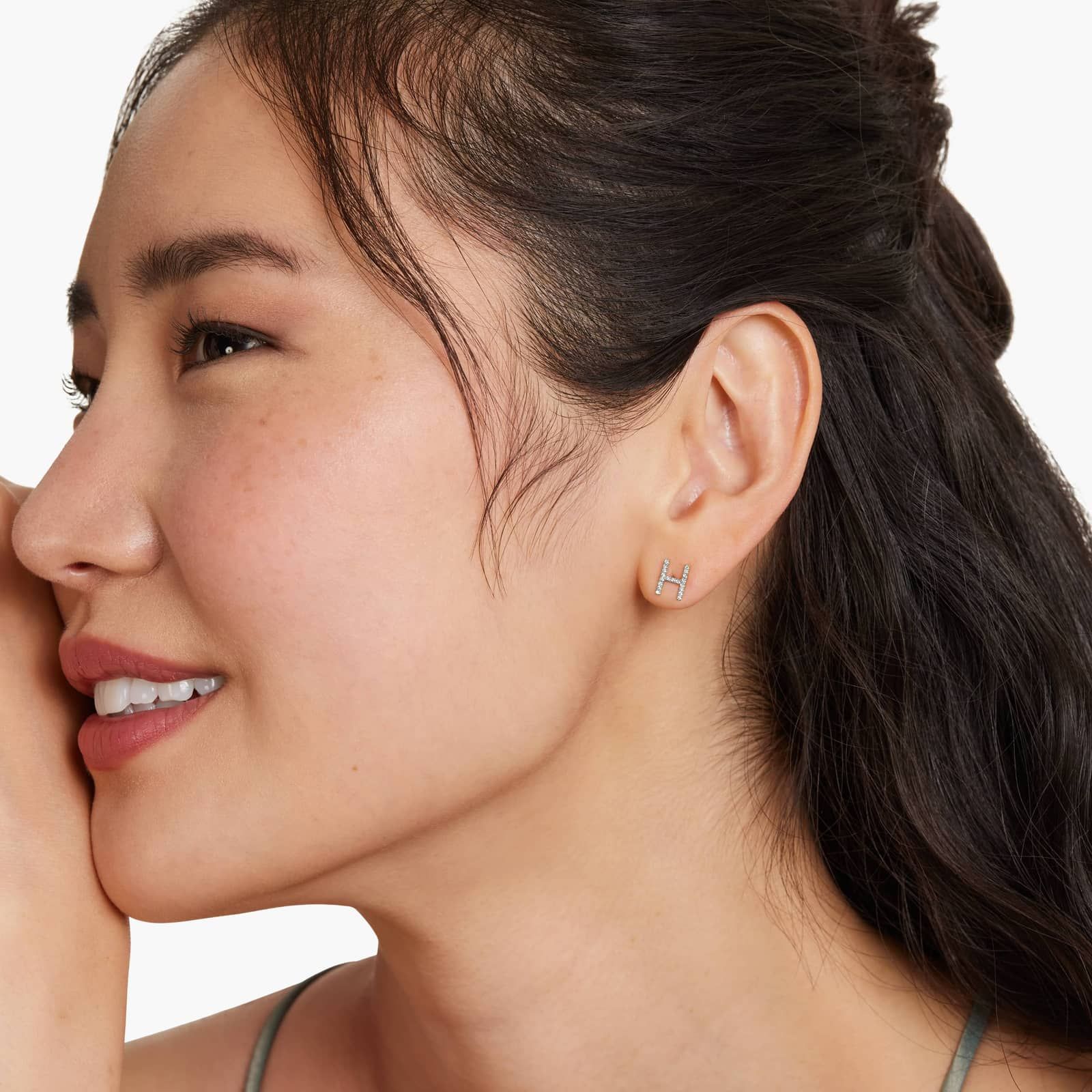 H Initial Pavé Diamond Stud Earring In 14K White Gold