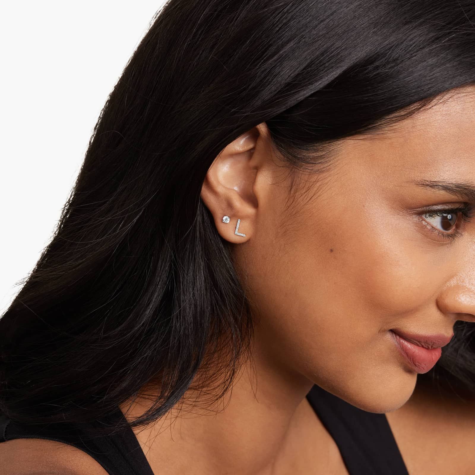 L Initial Pavé Diamond Stud Earring In 14K White Gold