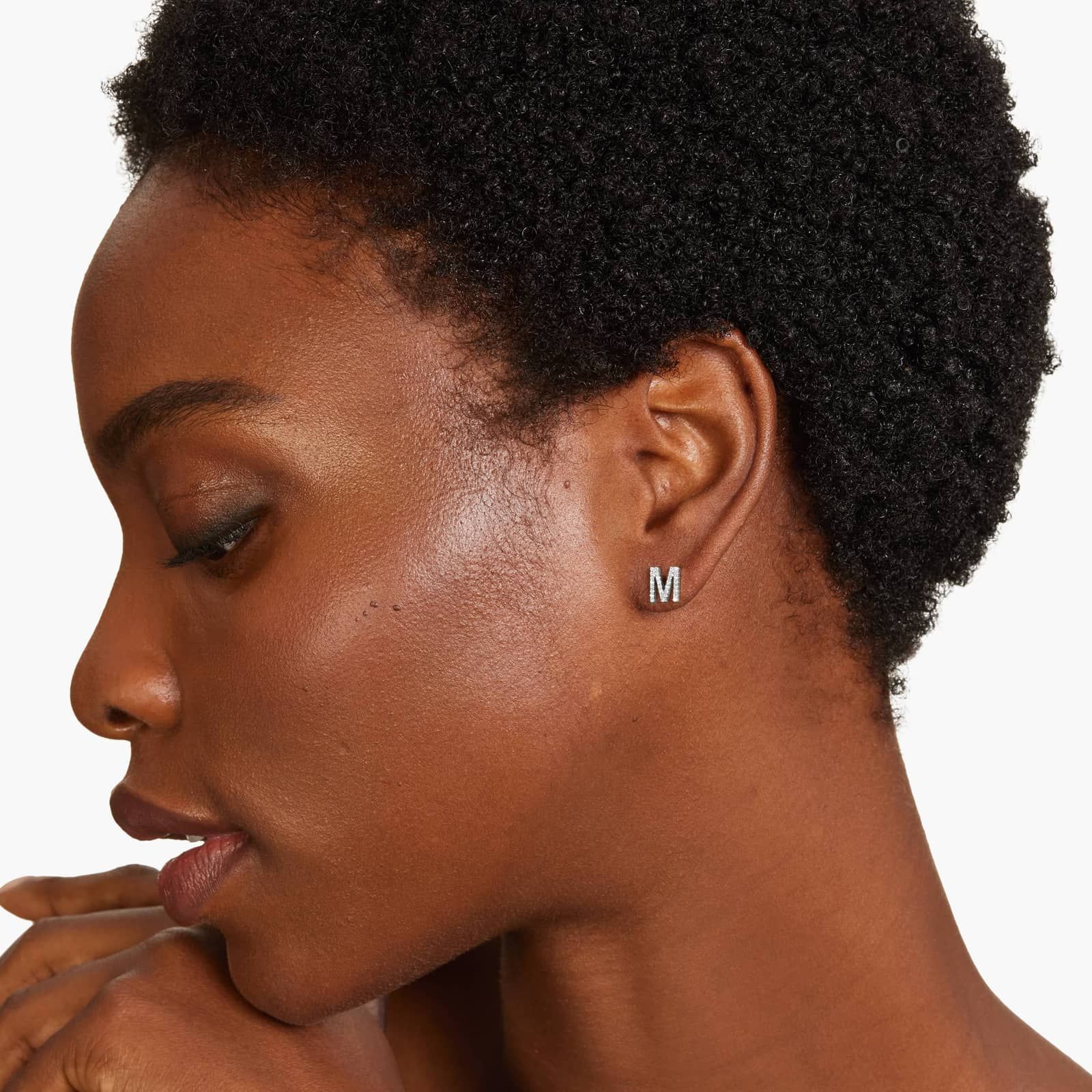 M Initial Pavé Diamond Stud Earring In 14K White Gold