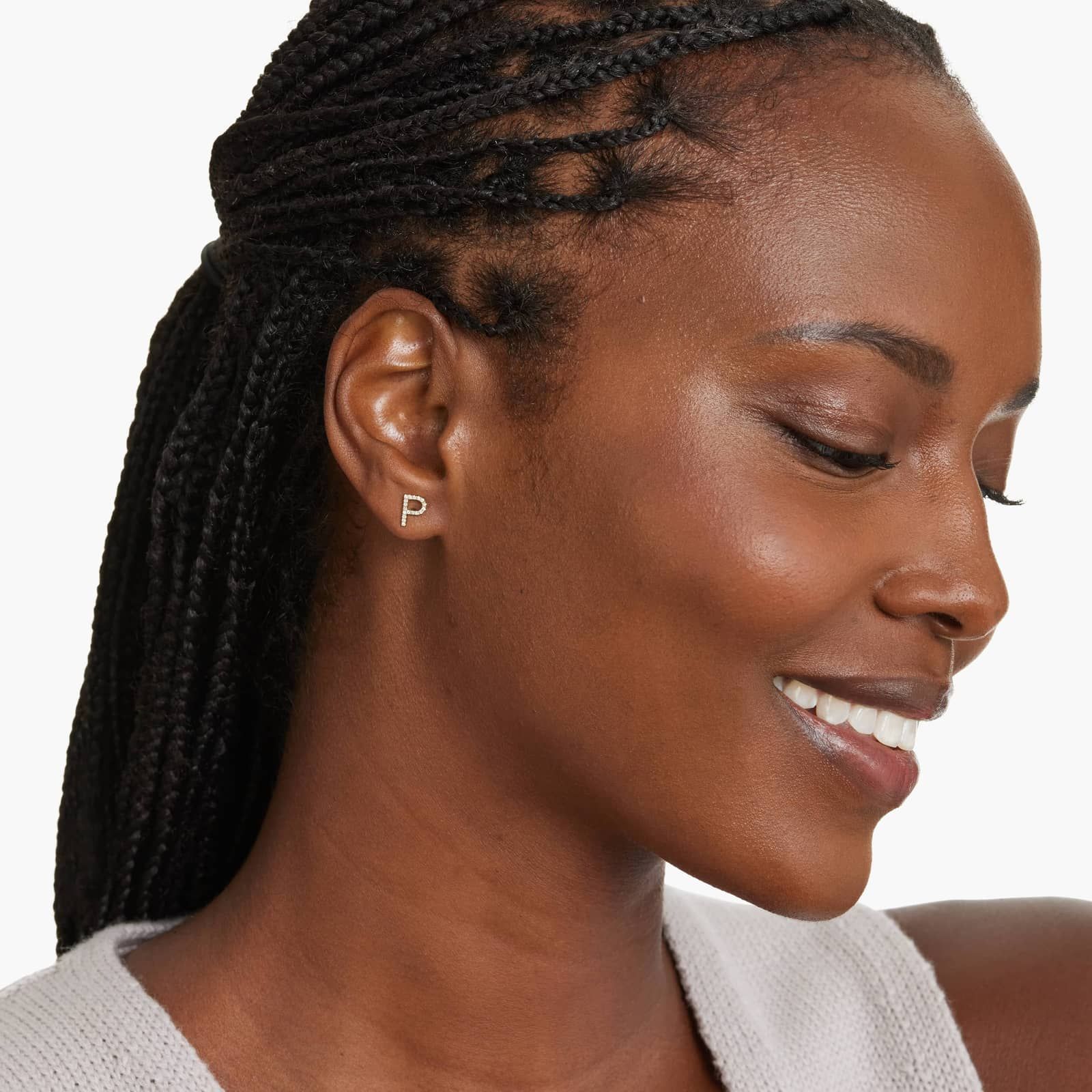 P Initial Pavé Diamond Stud Earring In 14K Yellow Gold