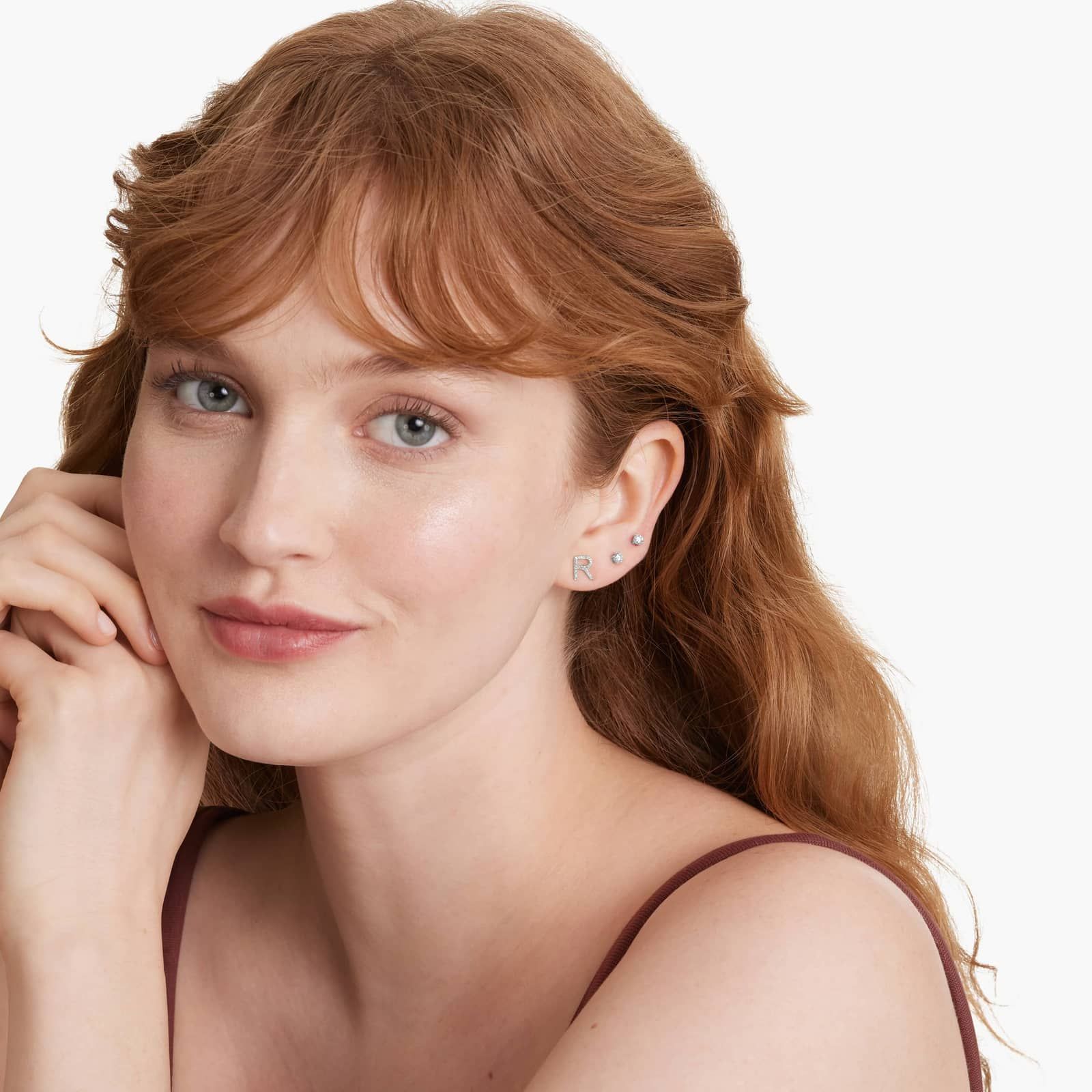 R Initial Pavé Diamond Stud Earring In 14K White Gold