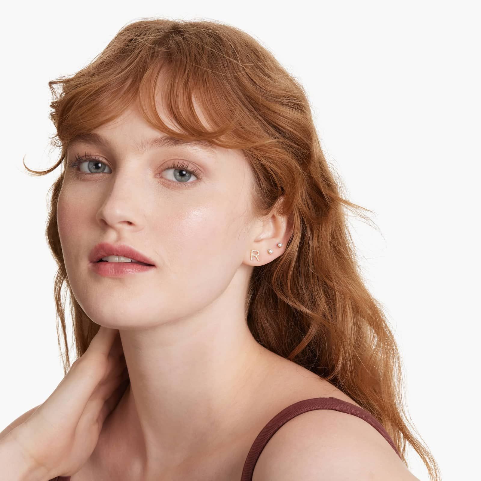 R Initial Pavé Diamond Stud Earring In 14K Yellow Gold