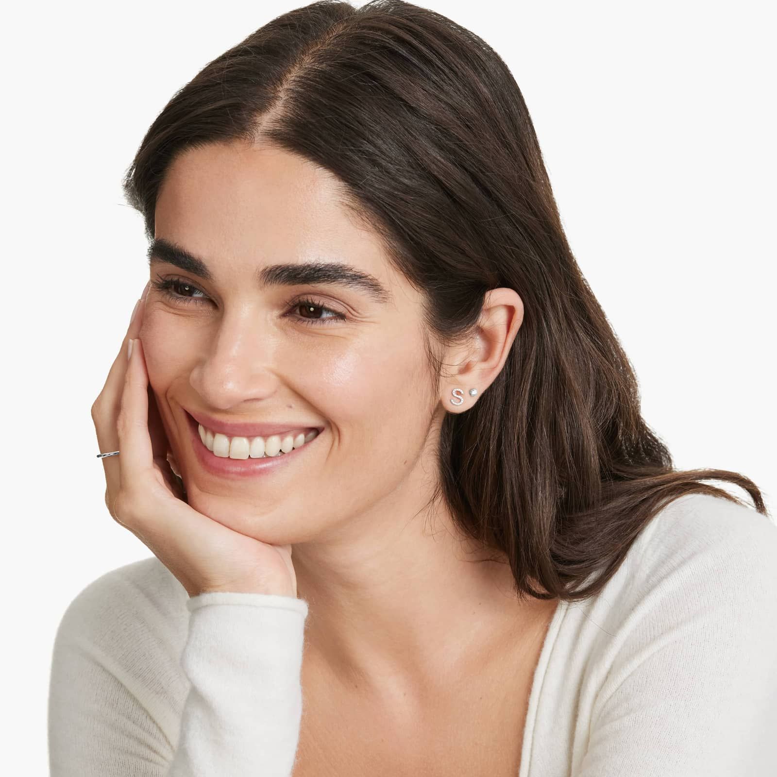 S Initial Pavé Diamond Stud Earring In 14K White Gold