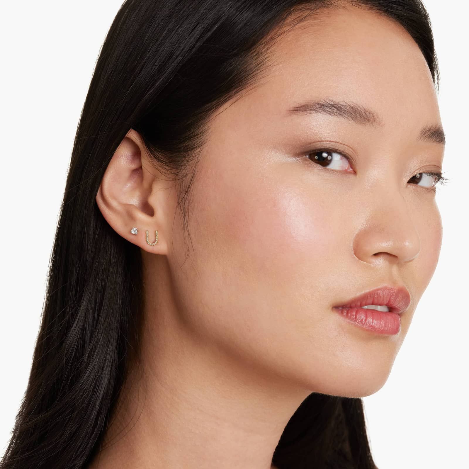 U Initial Pavé Diamond Stud Earring In 14K Yellow Gold