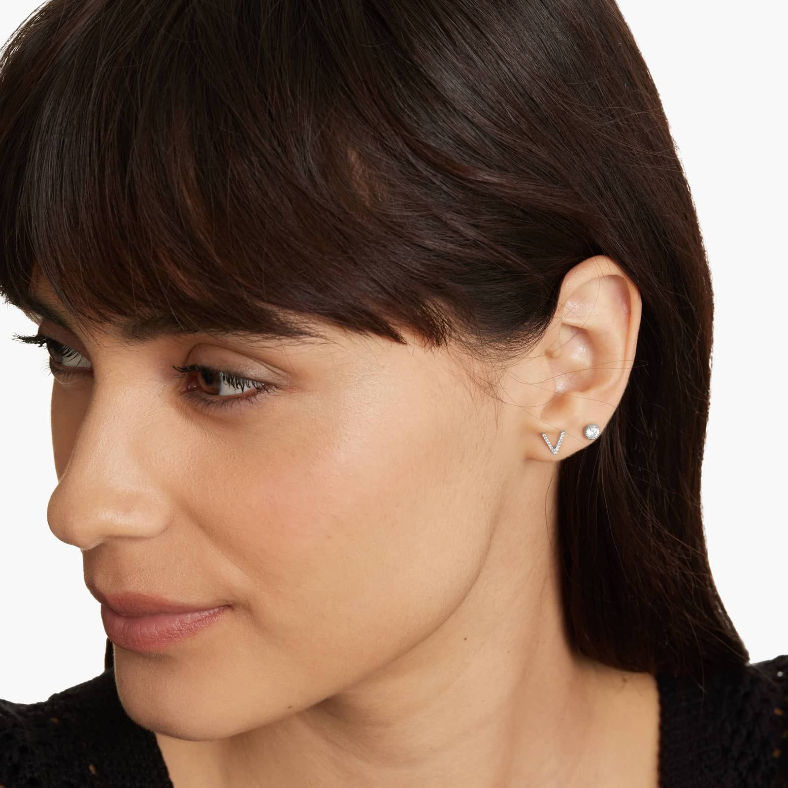 V Initial Pavé Diamond Stud Earring In 14K White Gold