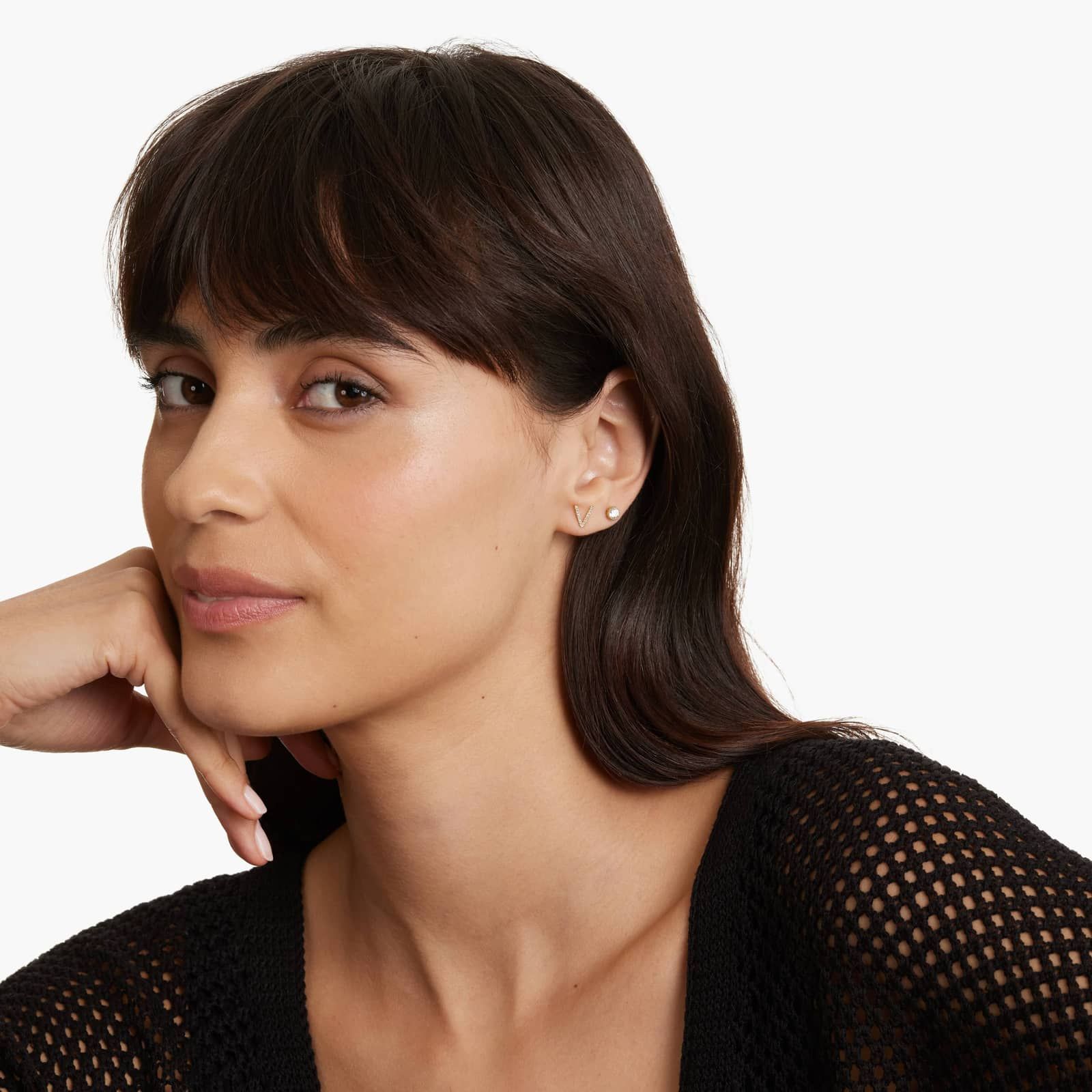 V Initial Pavé Diamond Stud Earring In 14K Yellow Gold