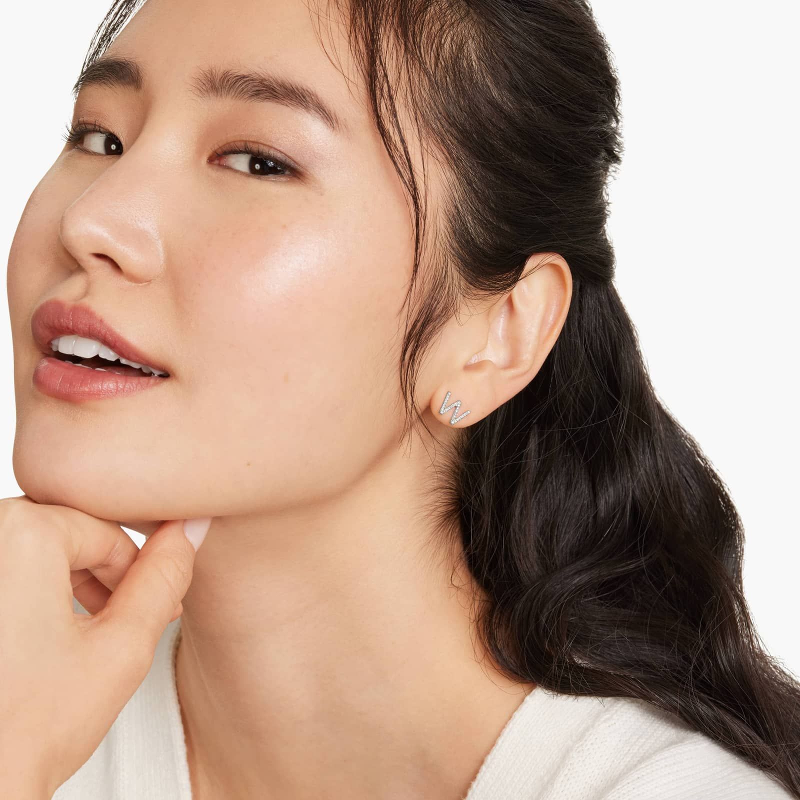 W Initial Pavé Diamond Stud Earring In 14K White Gold