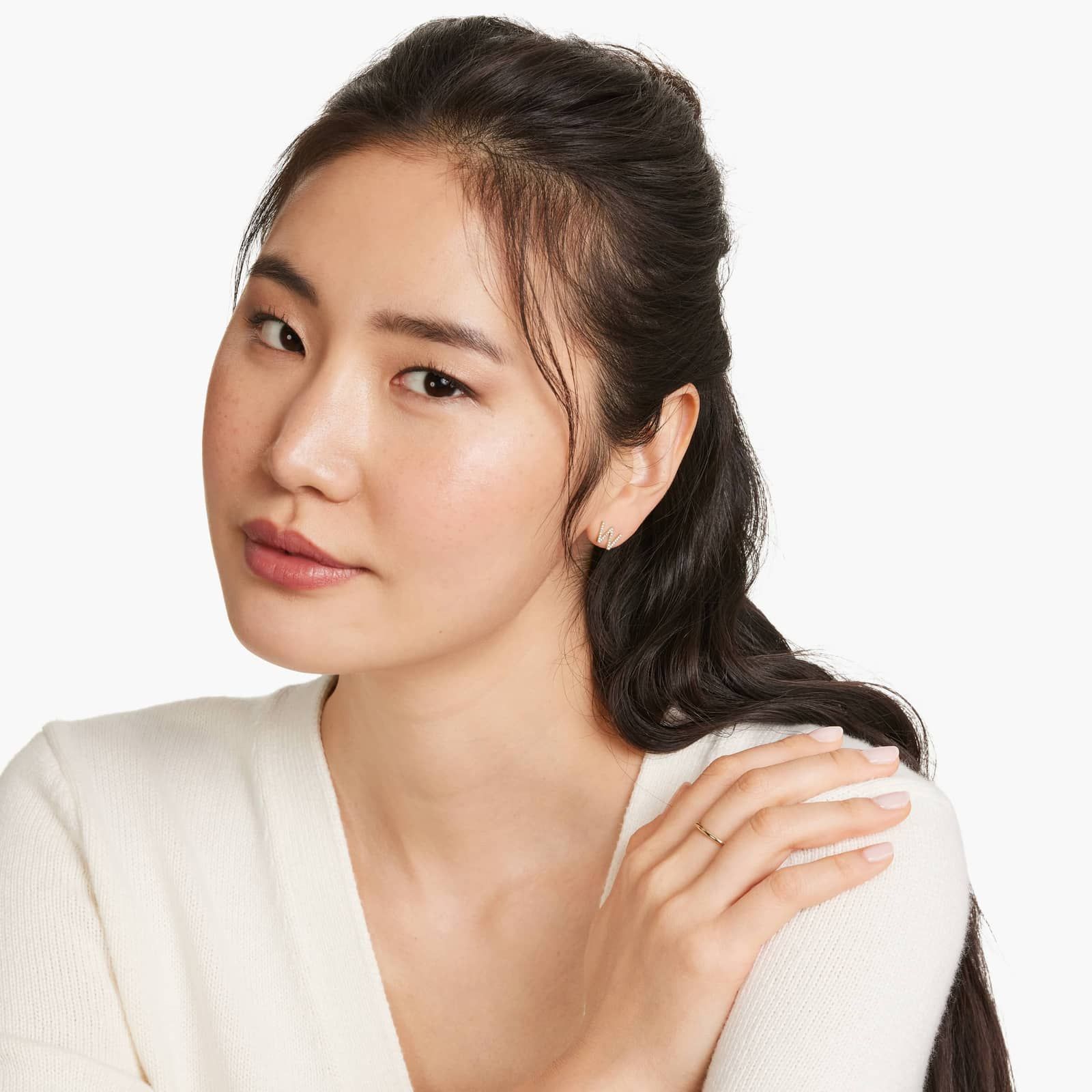 W Initial Pavé Diamond Stud Earring In 14K Yellow Gold